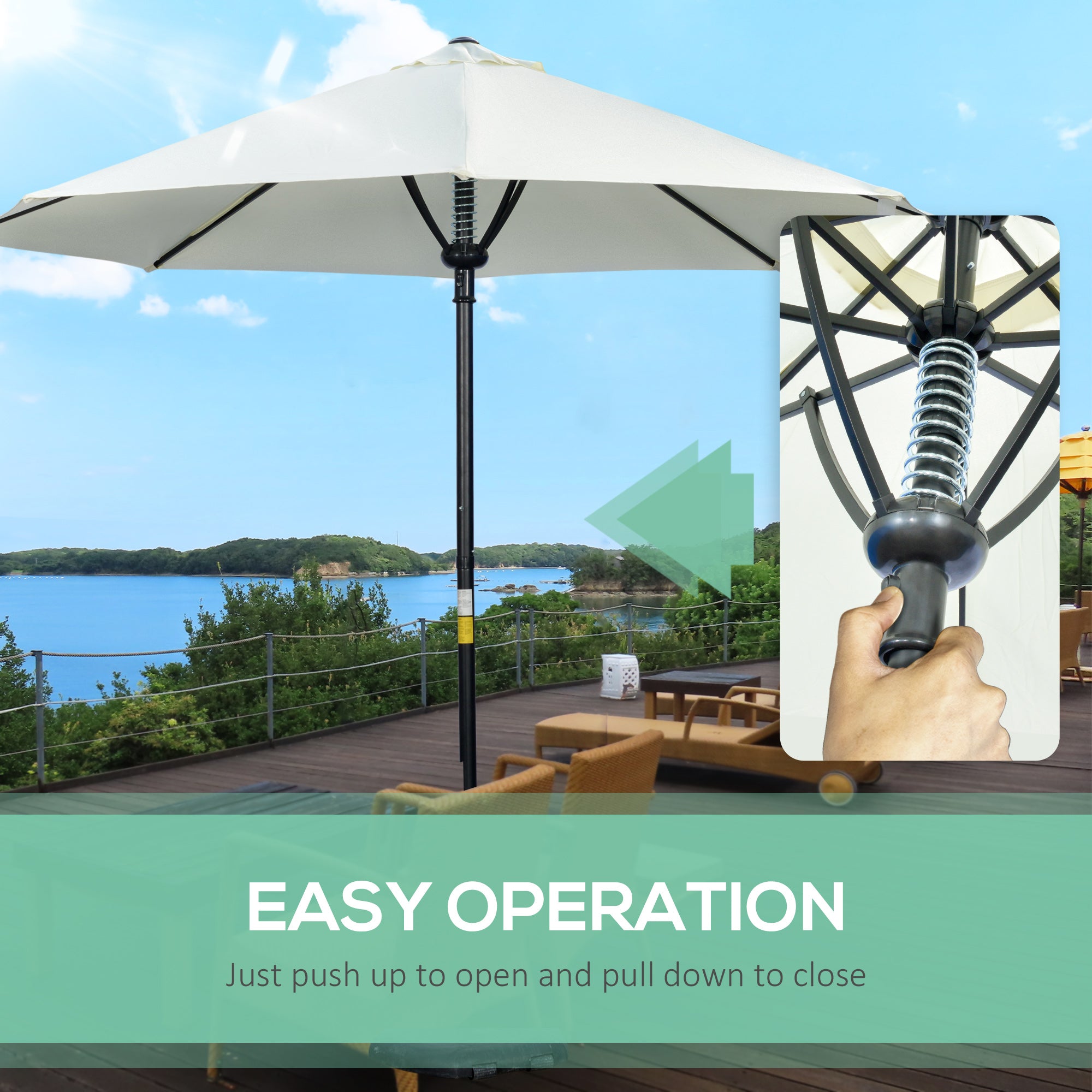 Outsunny Garden 3(m) Parasol Umbrella, Outdoor Market Table Umbrella Sun Shade Canopy with 8 Ribs, Easy Push to Open, Cream