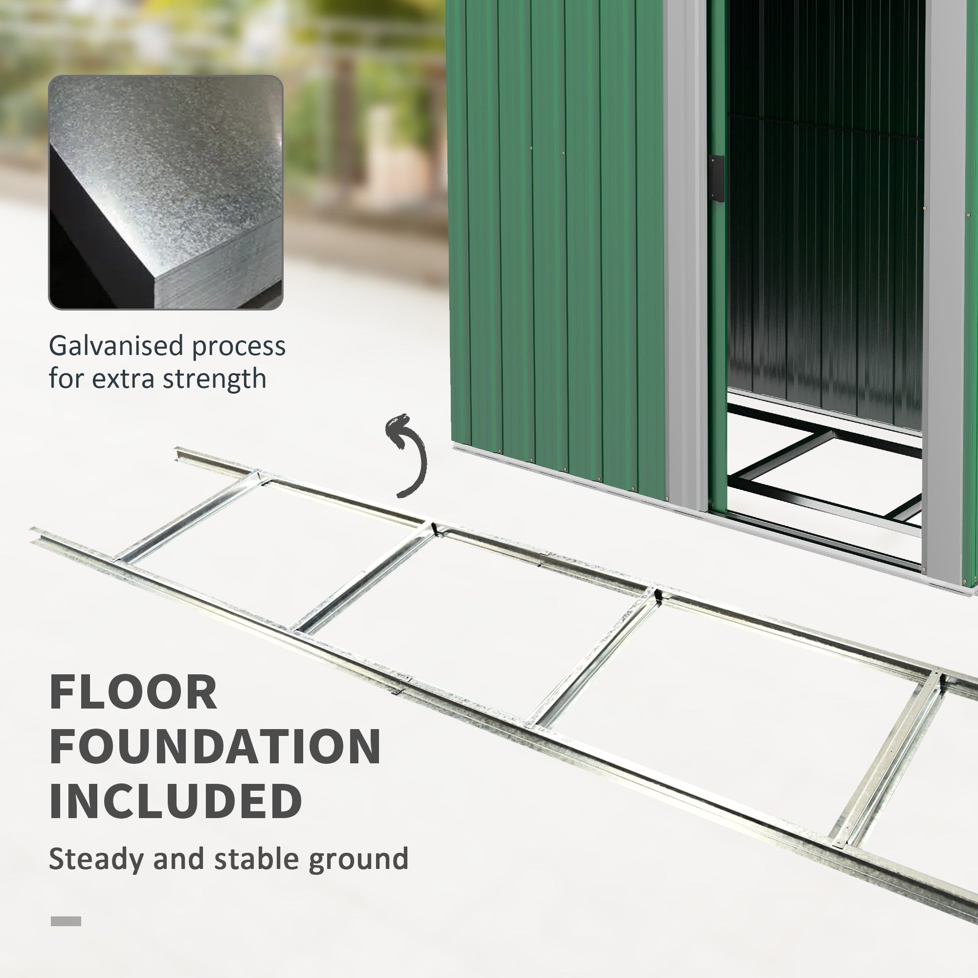 Outsunny Garden Metal Tool Storage Shed with Sliding Door, Sloped Roof and Floor Foundation, 152 x 132 x 188cm, Green