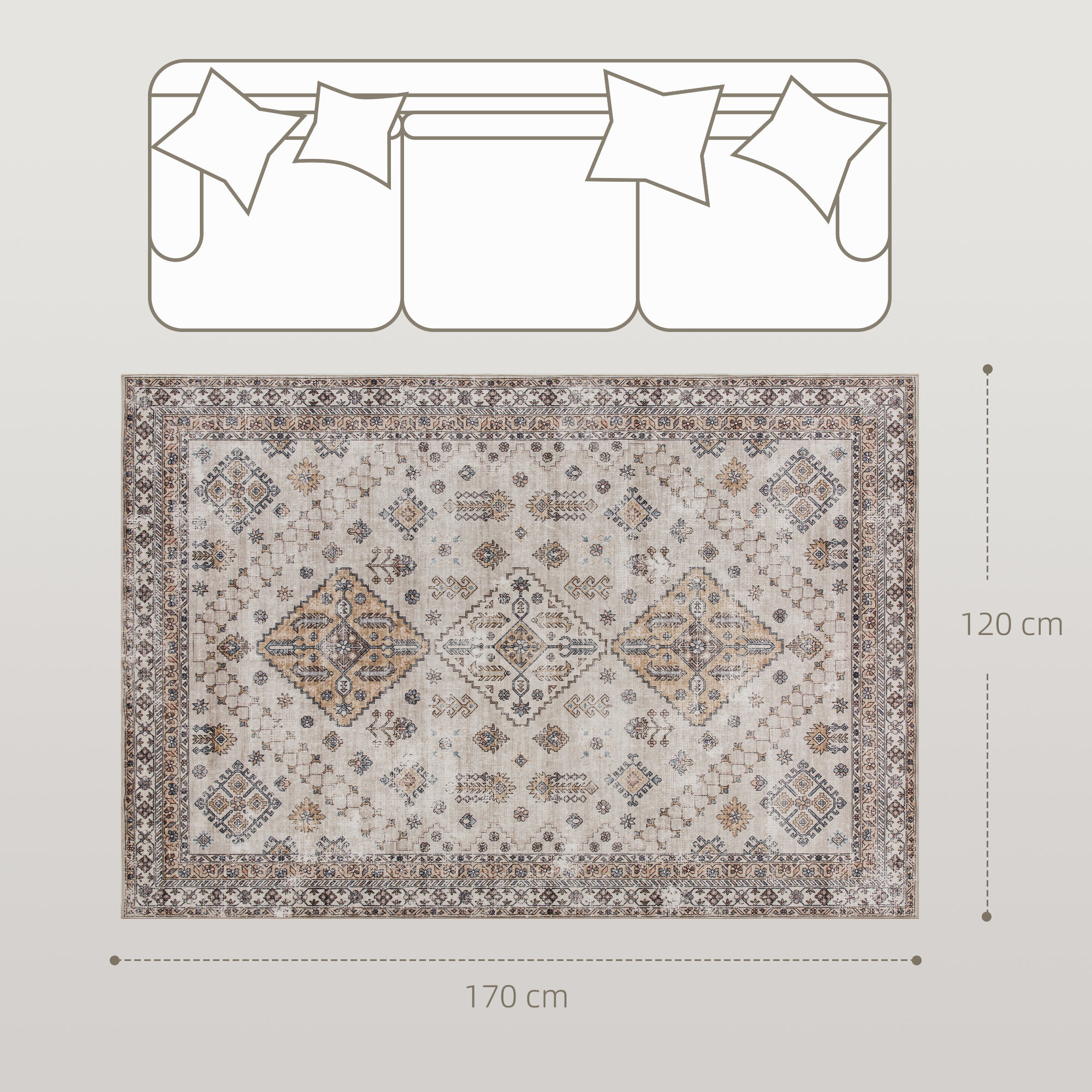 HOMCOM Vintage Area Rug, Non-Slip Washable Rug, Flannel Floor Carpet for Living Room, Bedroom, Dining Room, Home Office, 170 x 120 cm, Beige