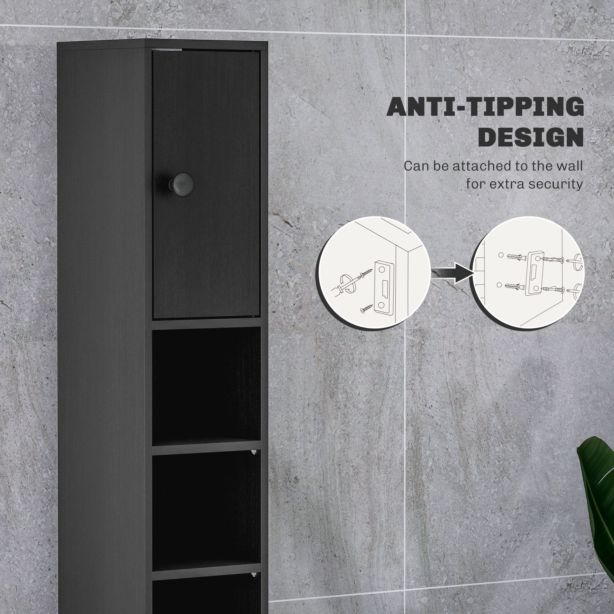 kleankin 180cm Slim Bathroom Cabinet, with Drawer, Shelves and Cupboards - Black