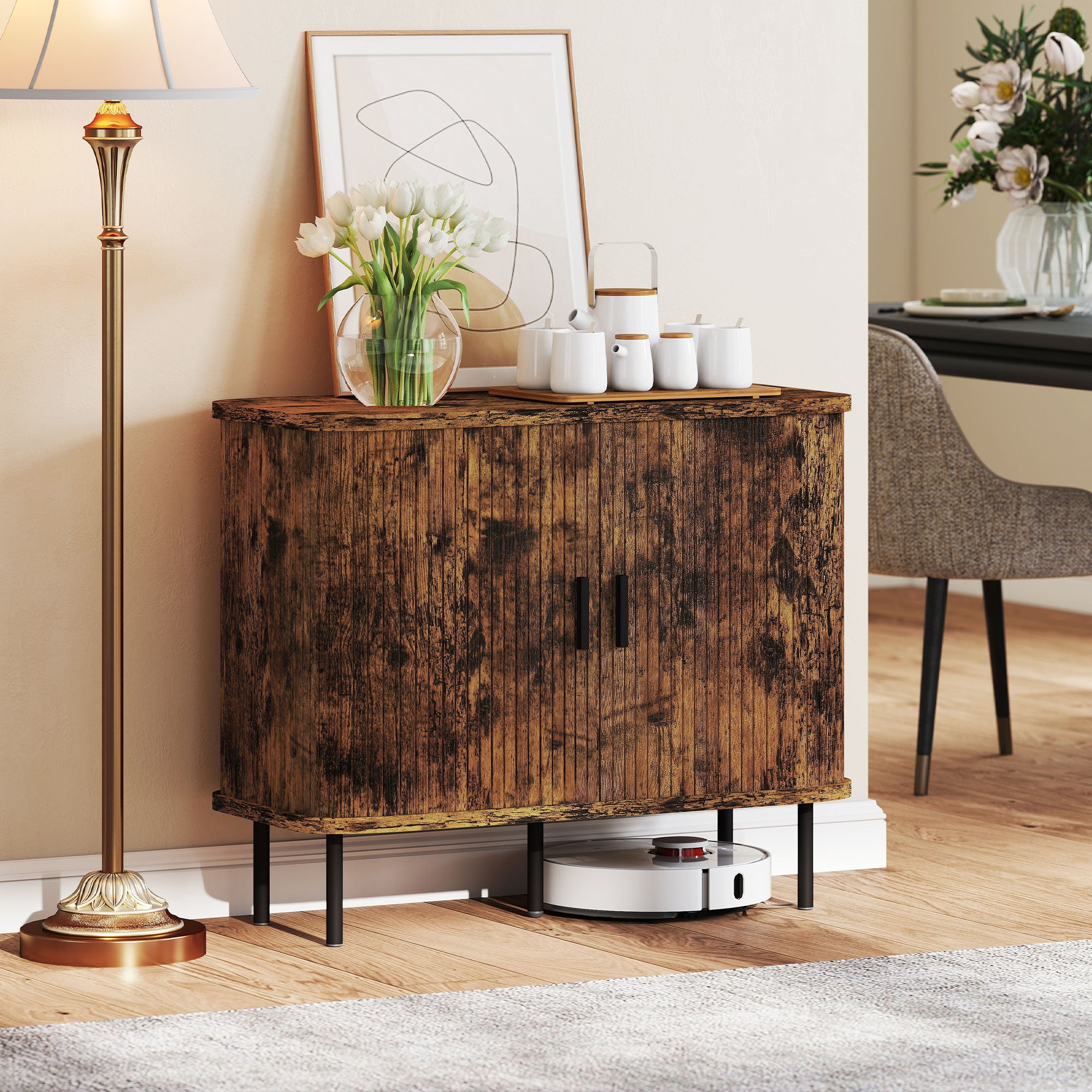 HOMCOM Mid-Century Modern Sideboard Storage Cabinet with Slatted Tambour Sliding Doors, Kitchen Cabinet with Steel Legs, Rustic Brown