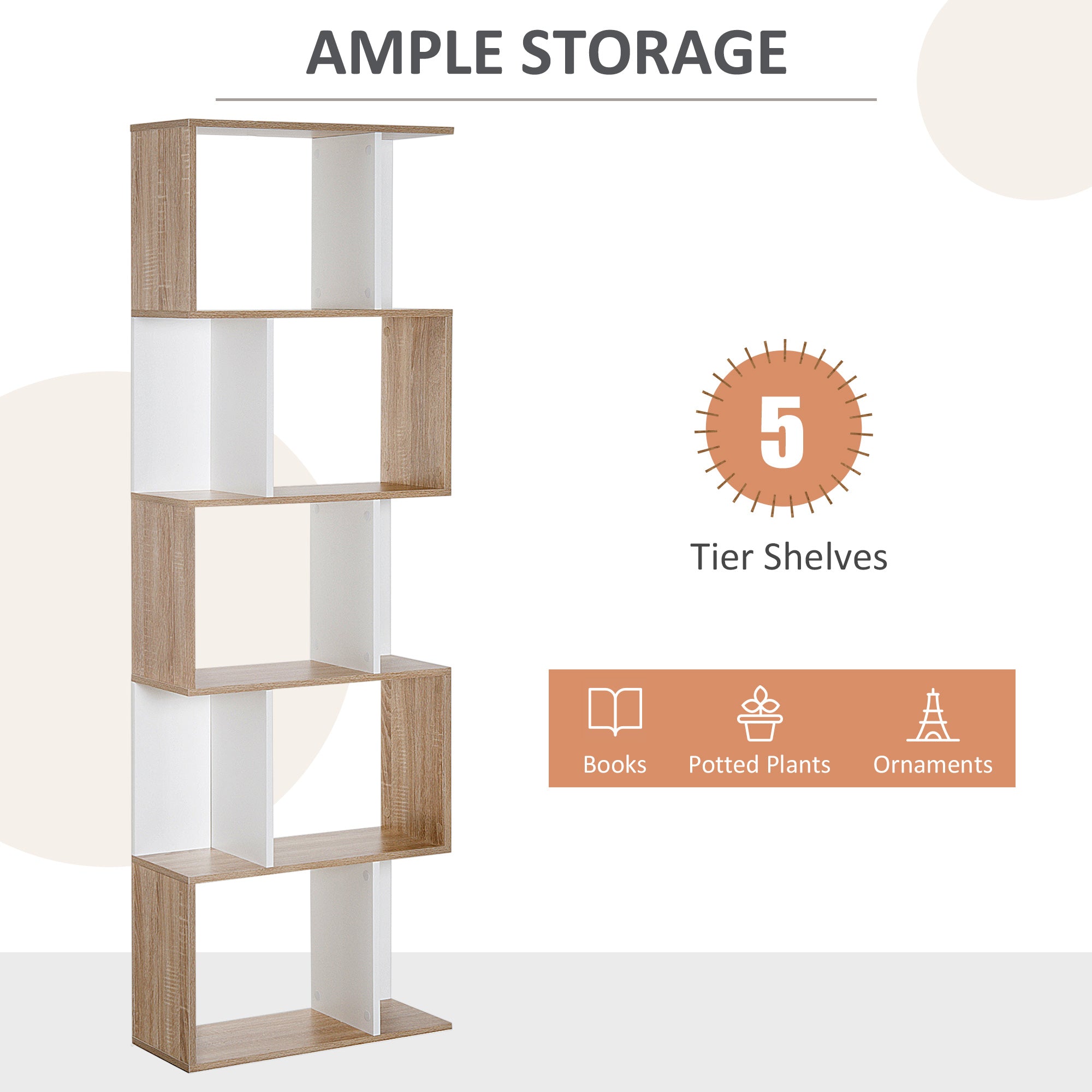 HOMCOM 5-tier Bookcase Storage Display Shelving S Shape design Unit Divider Natural