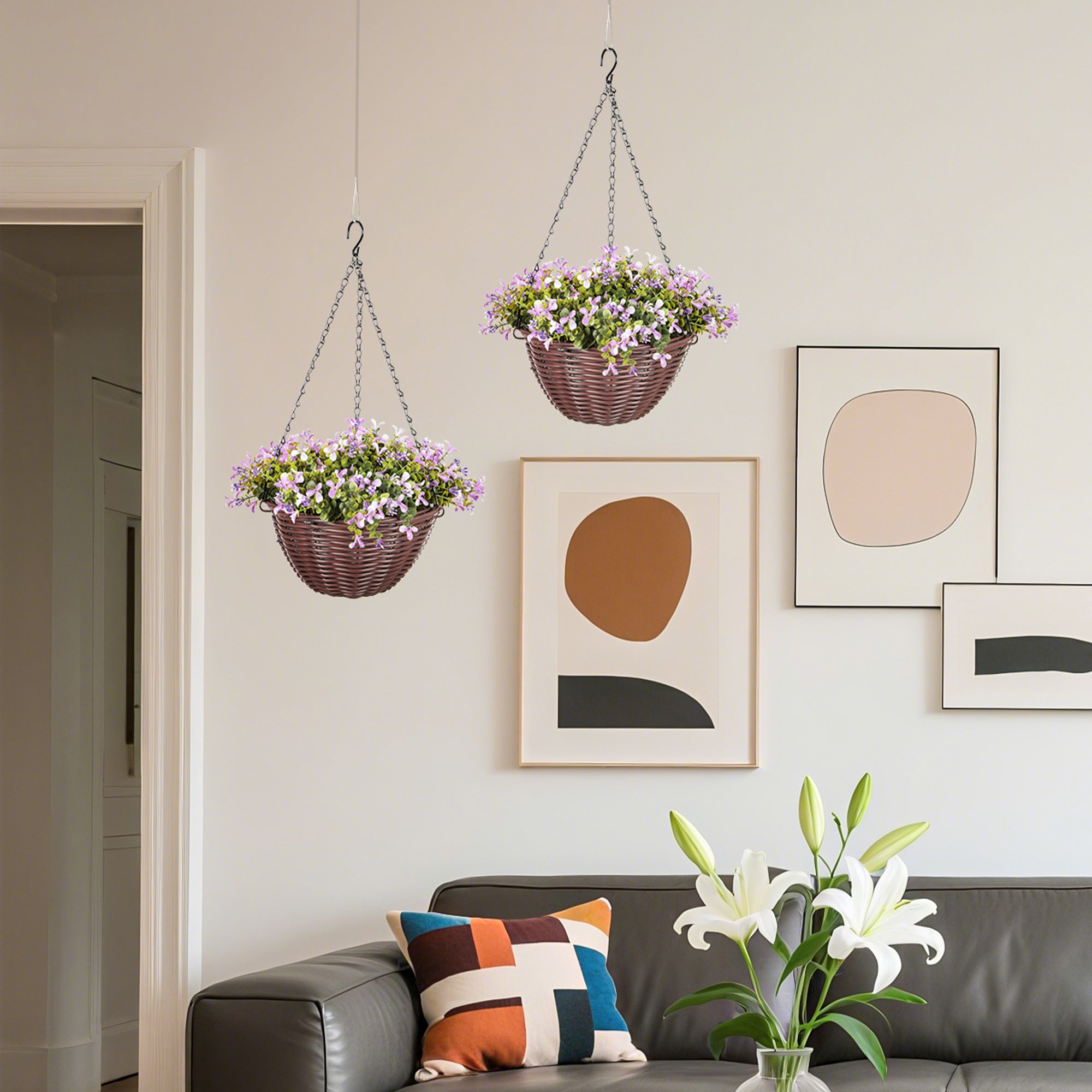 HOMCOM Artificial Flowers in Basket Set of 2, Artificial Hanging Baskets with 75 Leaves and 15 Flowers in Pot, Decorative Plant for Home Office Decor, Purple