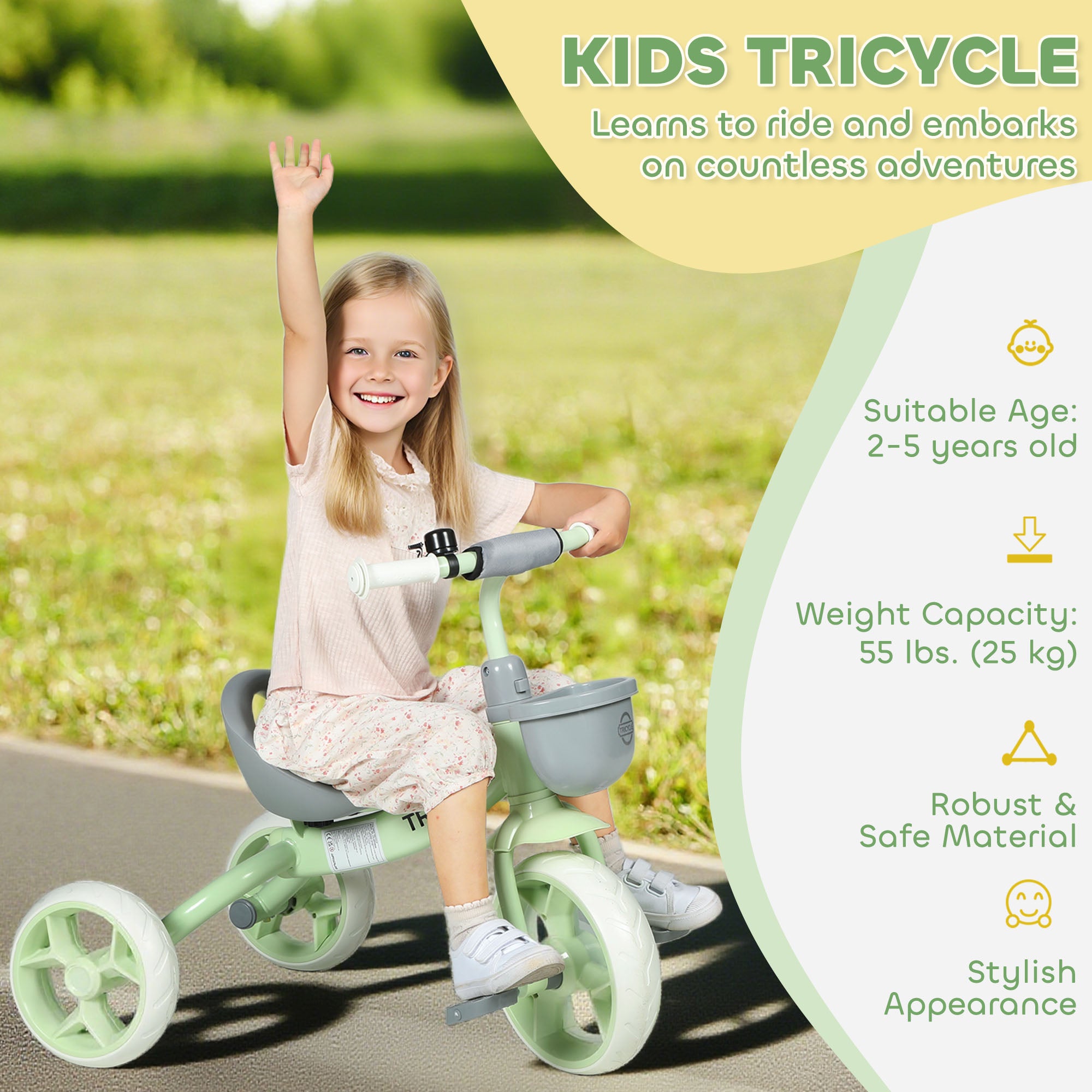 AIYAPLAY Kids Trike, Toddler Tricycle with Front Basket and EVA Wheels for Ages 2-5 Years, Indoor Outdoor for Boys Girls, Green