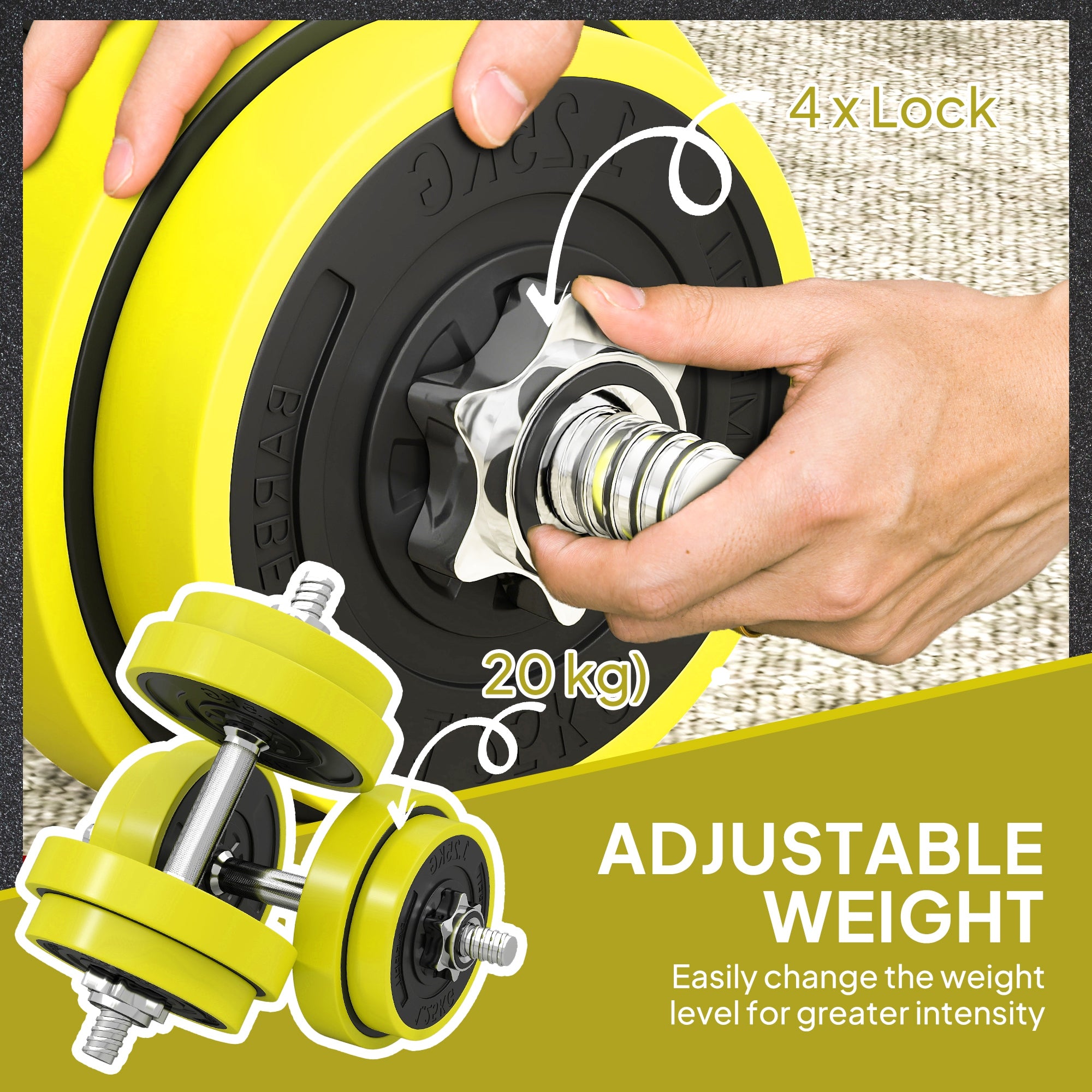 HOMCOM 20KGS 2-In-1 Dumbbell & Barbell Adjustable Set Strength Muscle Exercise Fitness Plate Bar Clamp Rod Home Gym Sports Area, Yellow