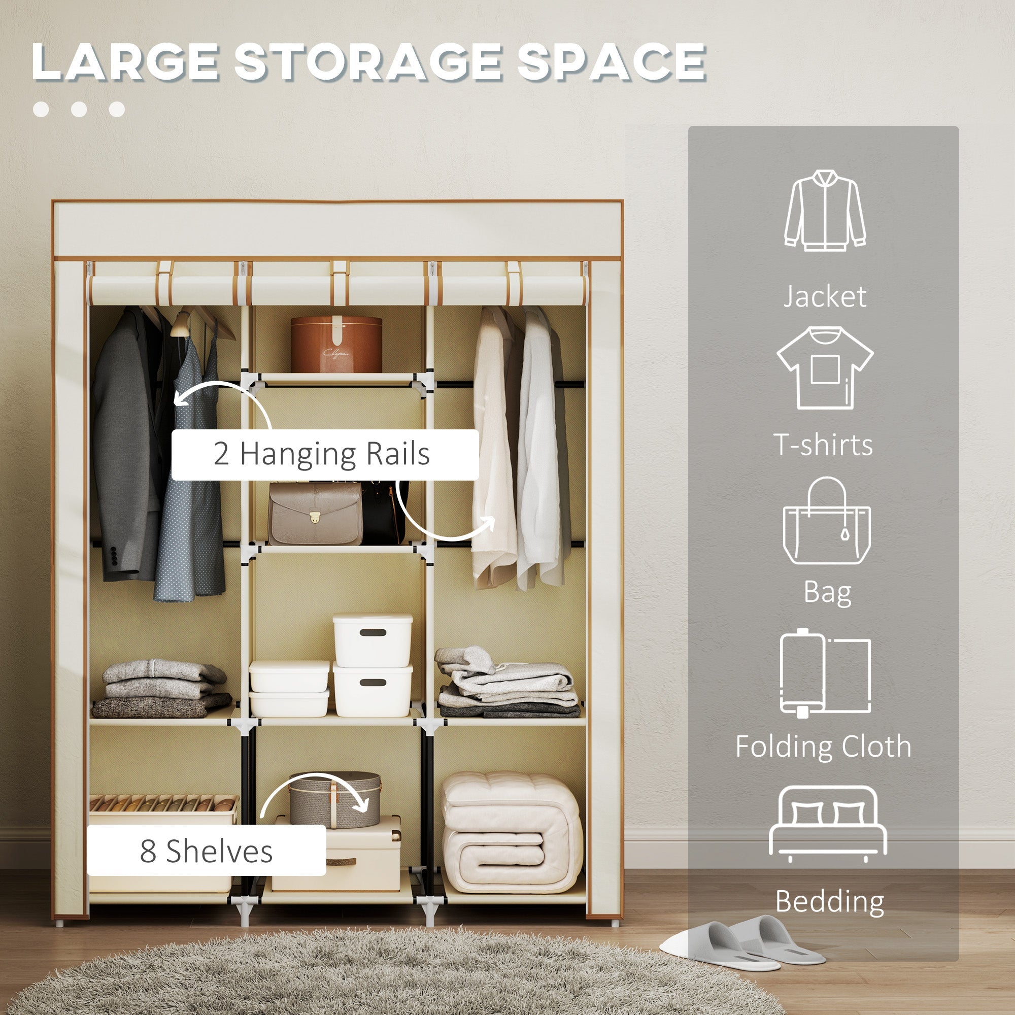 HOMCOM Fabric Wardrobe, Portable Wardrobe, Clothes Storage Unit with 8 Shelves, 2 Hanging Rods, 125 x 43 x 162.5 cm, Cream White