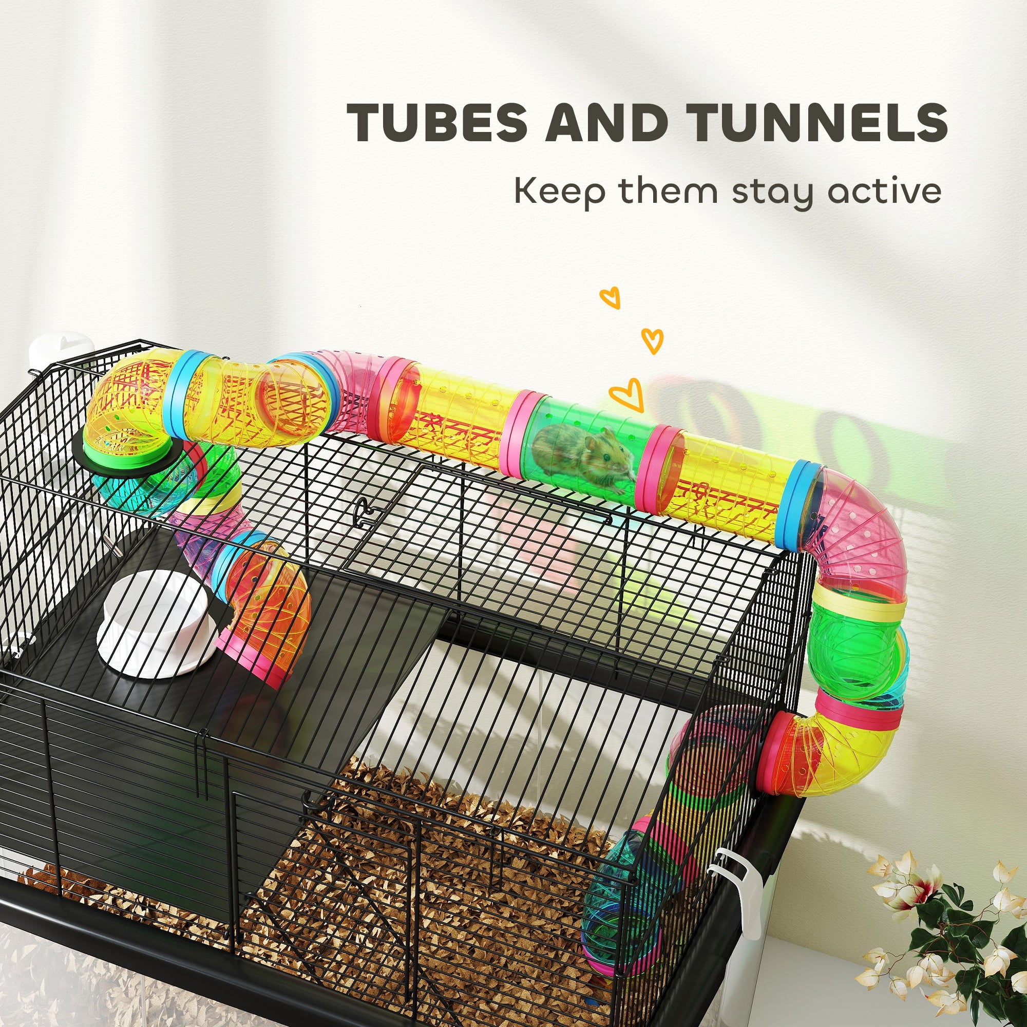 PawHut 2 Tier Hamster Cage with 31cm Deep Tray, Tube System, Water Bottle, Ramp, Feeding Bowl, 58 x 43 x 57cm, Multicolour