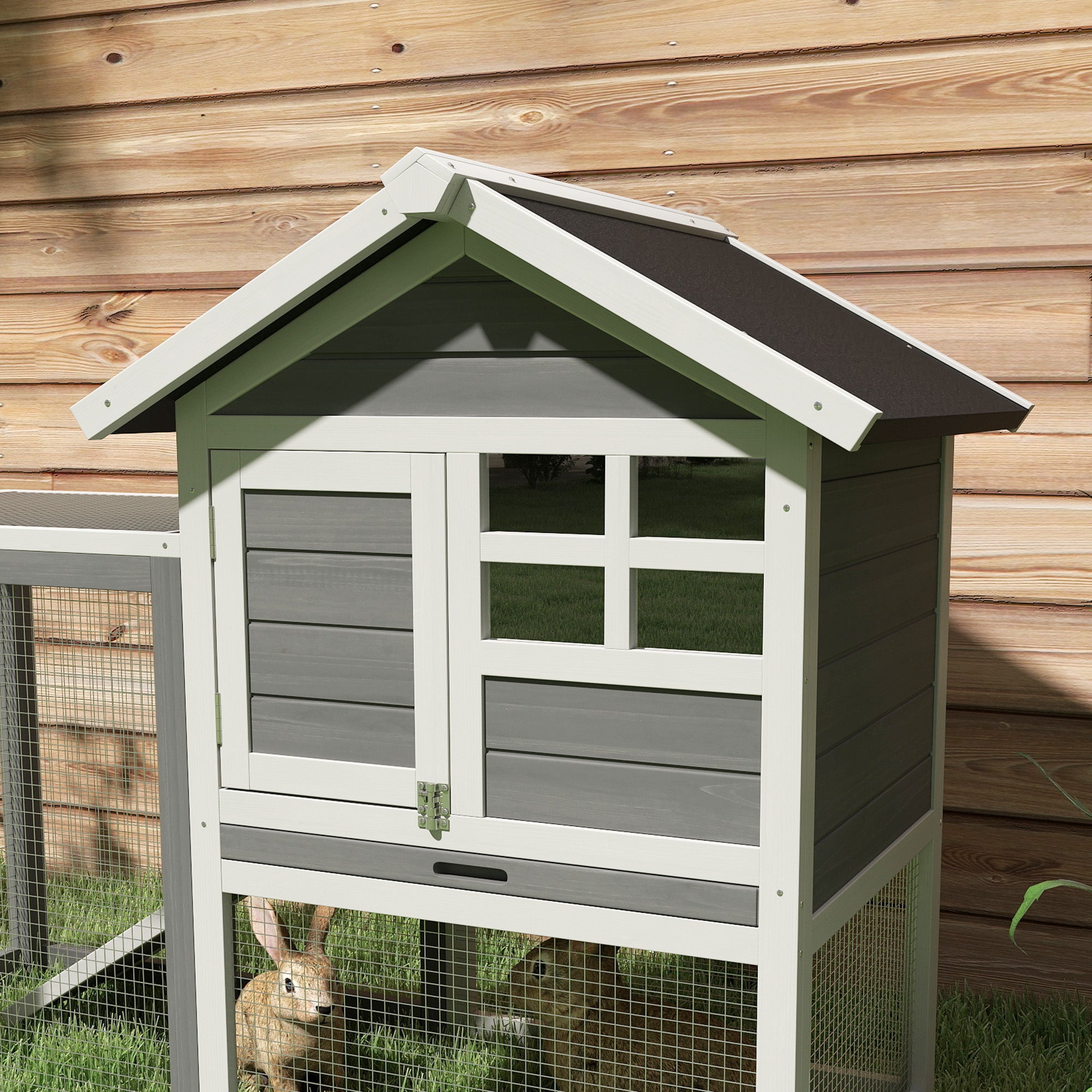 PawHut Rabbit Hutch Outdoor Wooden Guinea Pig Hutch Rabbit Run Bunny Cage Small Animal House Pull-Out Tray, Grey, 122 x 62.6 x 92 cm
