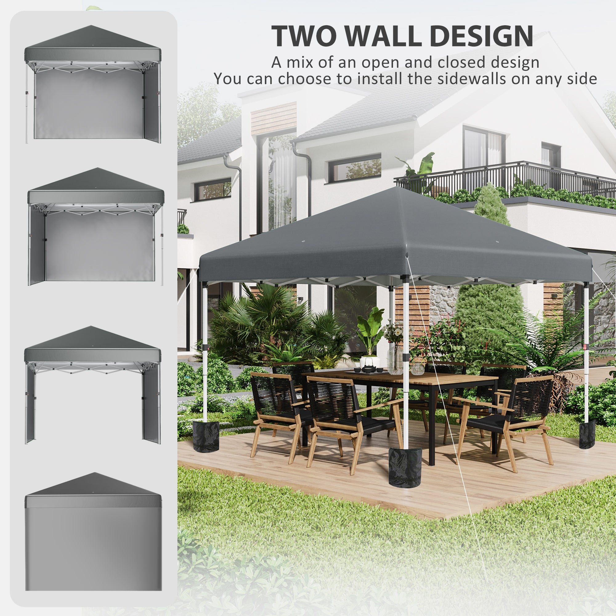 Outsunny 3 x 3 (M) Pop Up Gazebo, UPF 30+ with 2 Sidewalls, Leg Weight Bags and Wheeled Bag, Height Adjustable Party Tent Event Shelter for Garden, Patio, Dark Grey