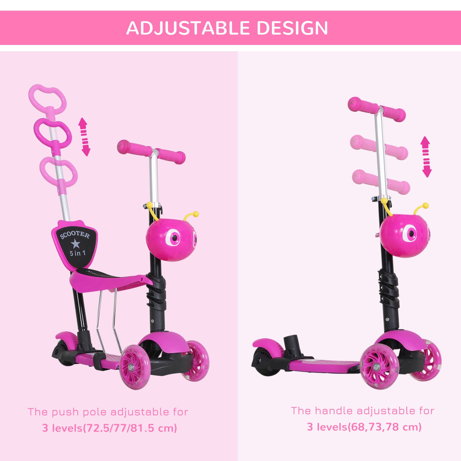 HOMCOM 5 in1 Kids Scooter 3 Wheel Toddler scooter Kick Scooter with Adjustable Handlebar, Removable Seat & Back Rest for 18 Month+, Pink