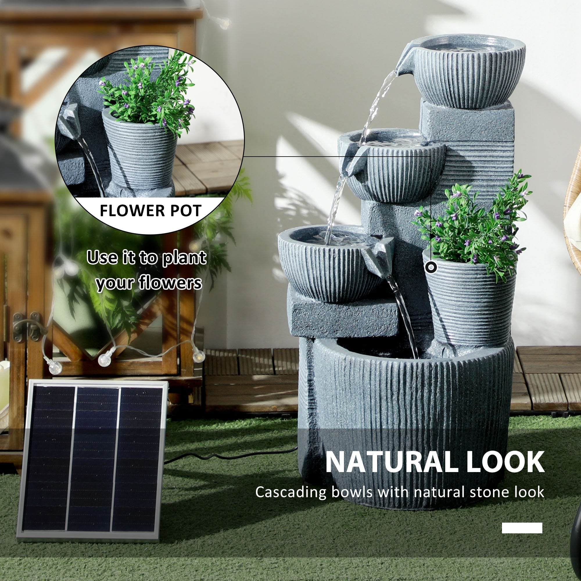 Outsunny Solar Powered Outdoor Water Fountain - Dark Grey