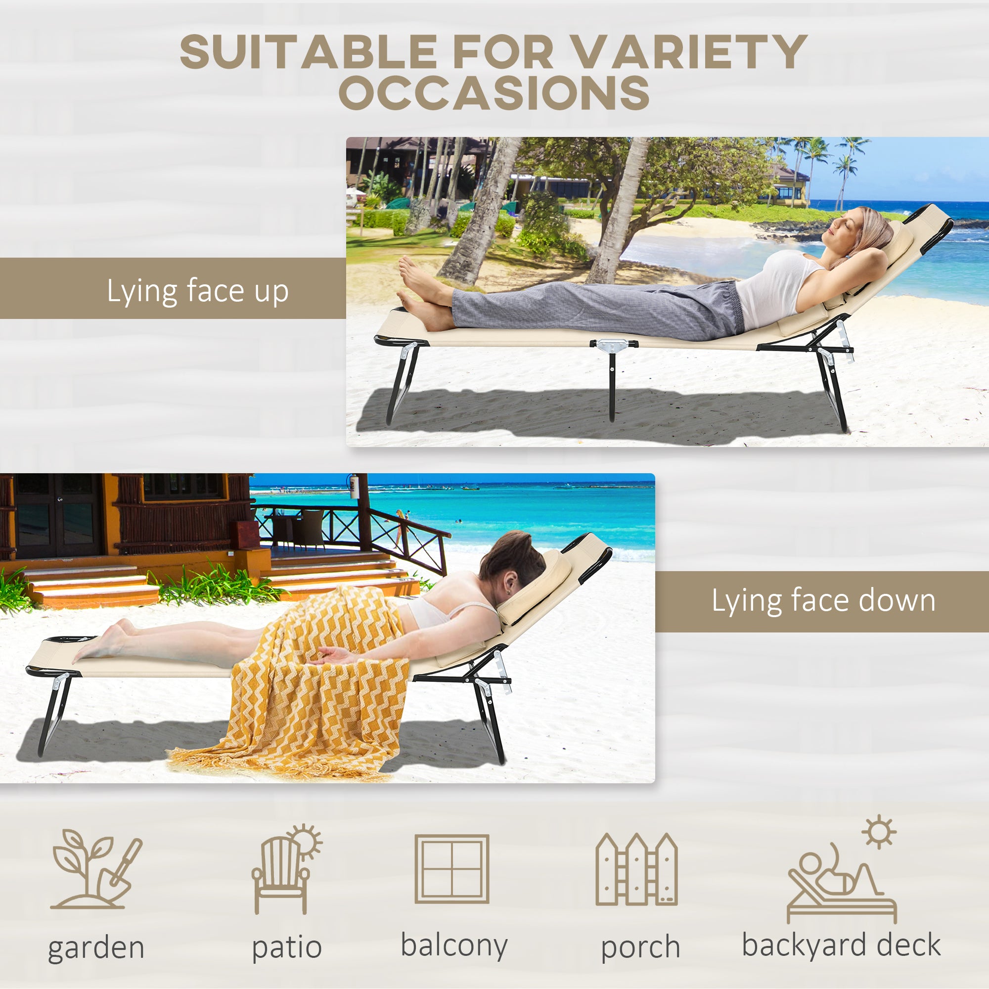 Outsunny Outdoor Foldable Sun Lounger Set of 2, 4 Level Adjustable Backrest Reclining Sun Lounger Chair with Pillow and Reading Hole, Sand