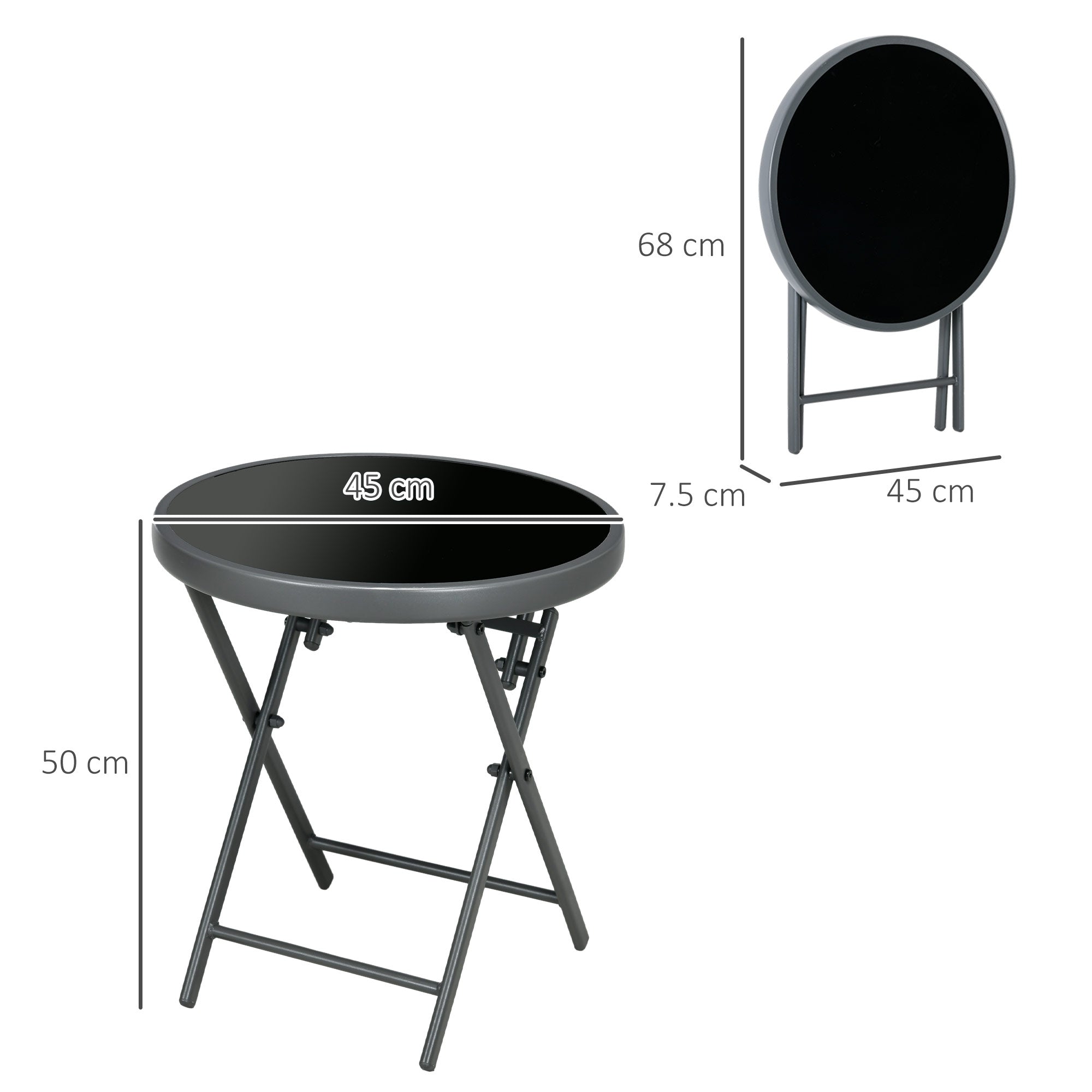 Outsunny \'ce\'a645cm Garden Side Table, Outdoor Round Folding Patio Table with Imitation Marble Glass Top, Small Coffee Table, Black