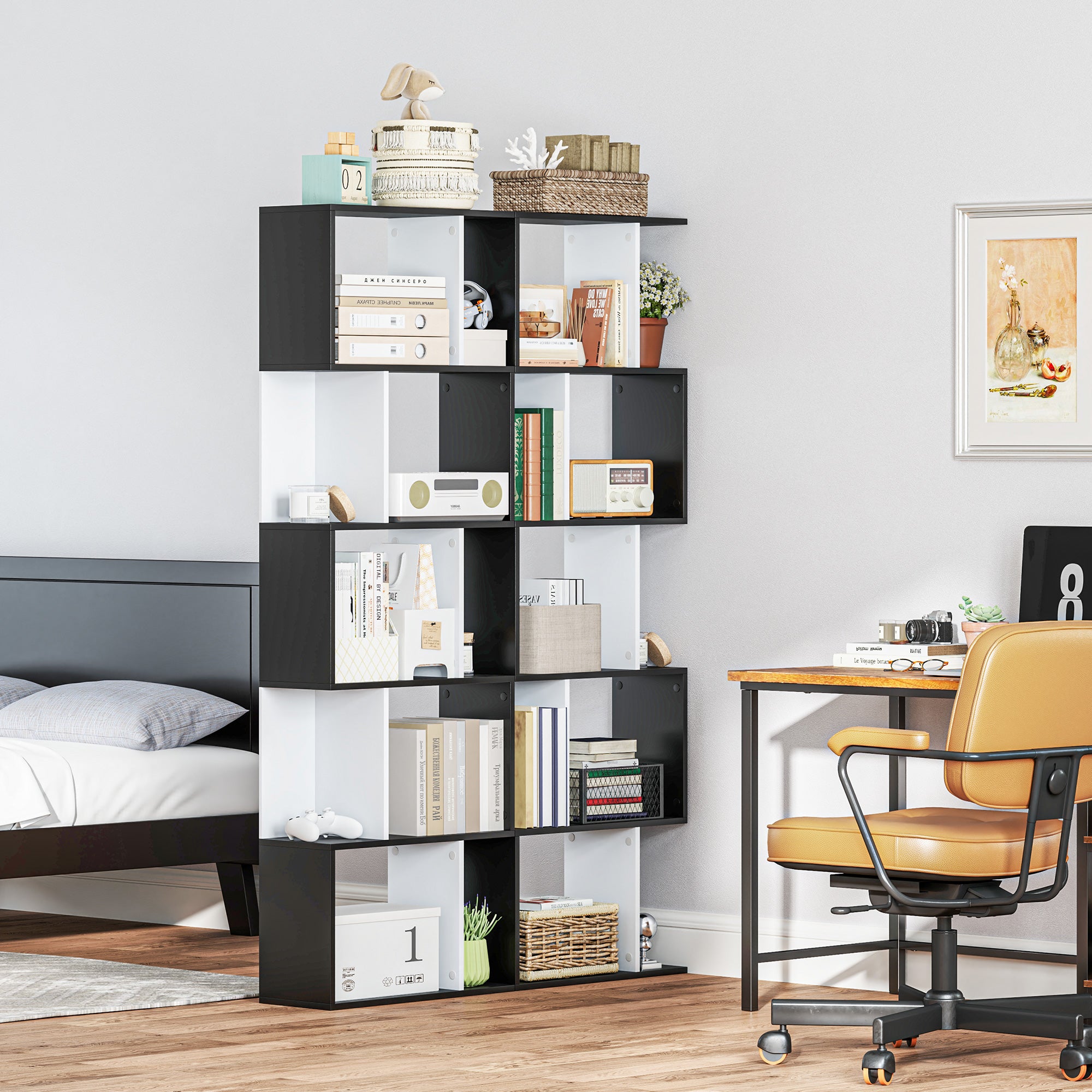 HOMCOM 5-tier Bookcase Storage Display Shelving S Shape design Unit Divider Black