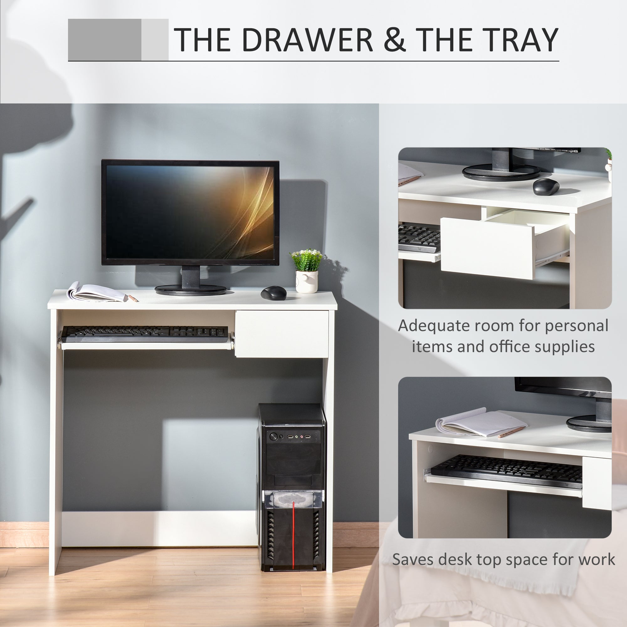 Vinsetto Home Office Chair and Computer Desk Set, Mesh Chair with with 90° Flip-up Armrest, Study Desk with Keyboard Tray and Drawer, White and Grey