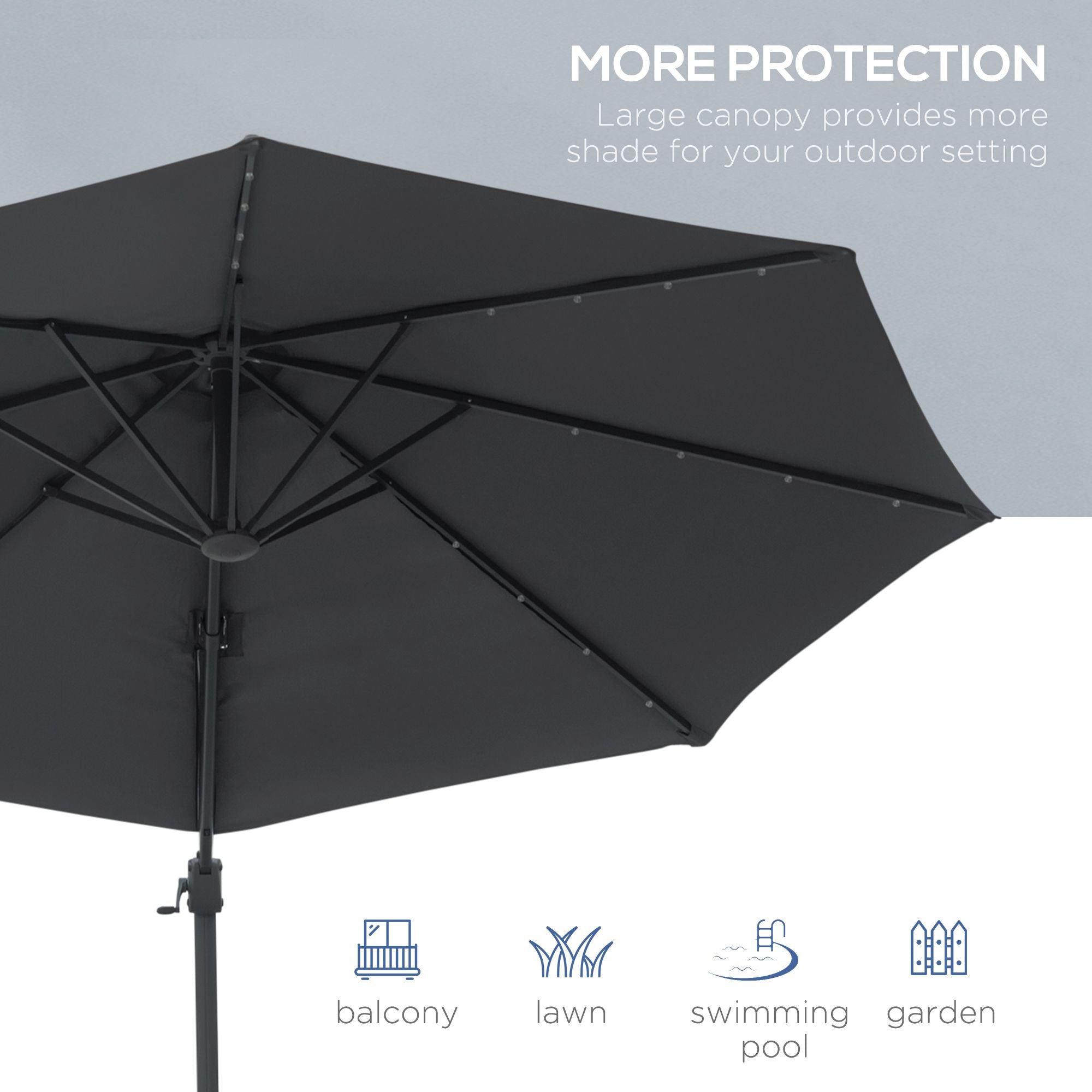 Outsunny 3(m) Cantilever Roma Parasol Patio Sun Umbrella with Crank & Tilt LED Solar Light Cross Base 360\'c2\'b0 Rotating Outdoor, Dark Grey
