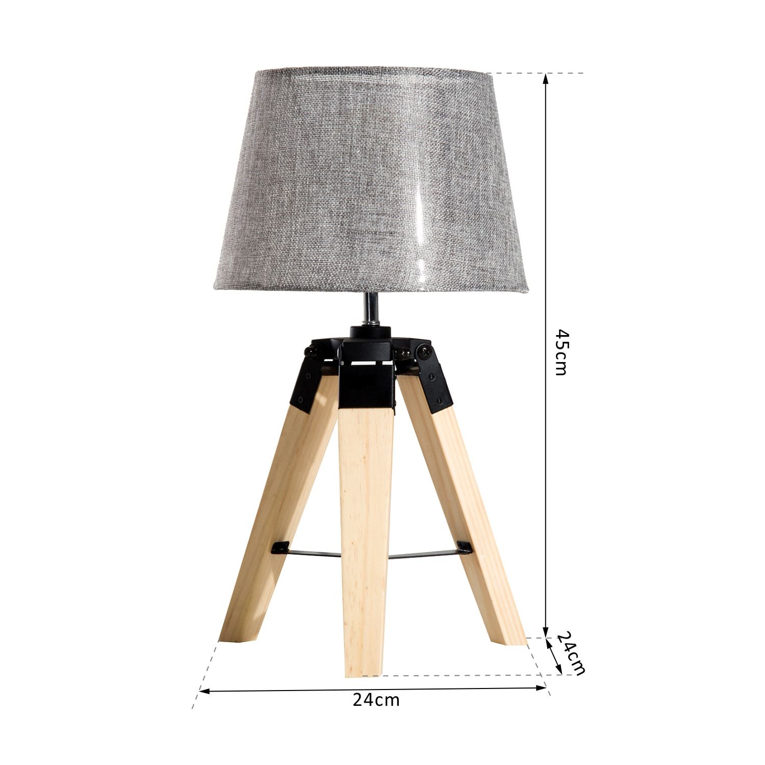 HOMCOM Wooden Tripod Table Lamp for Side, Desk or End Table with E27 Bulb Base(Grey Shade)