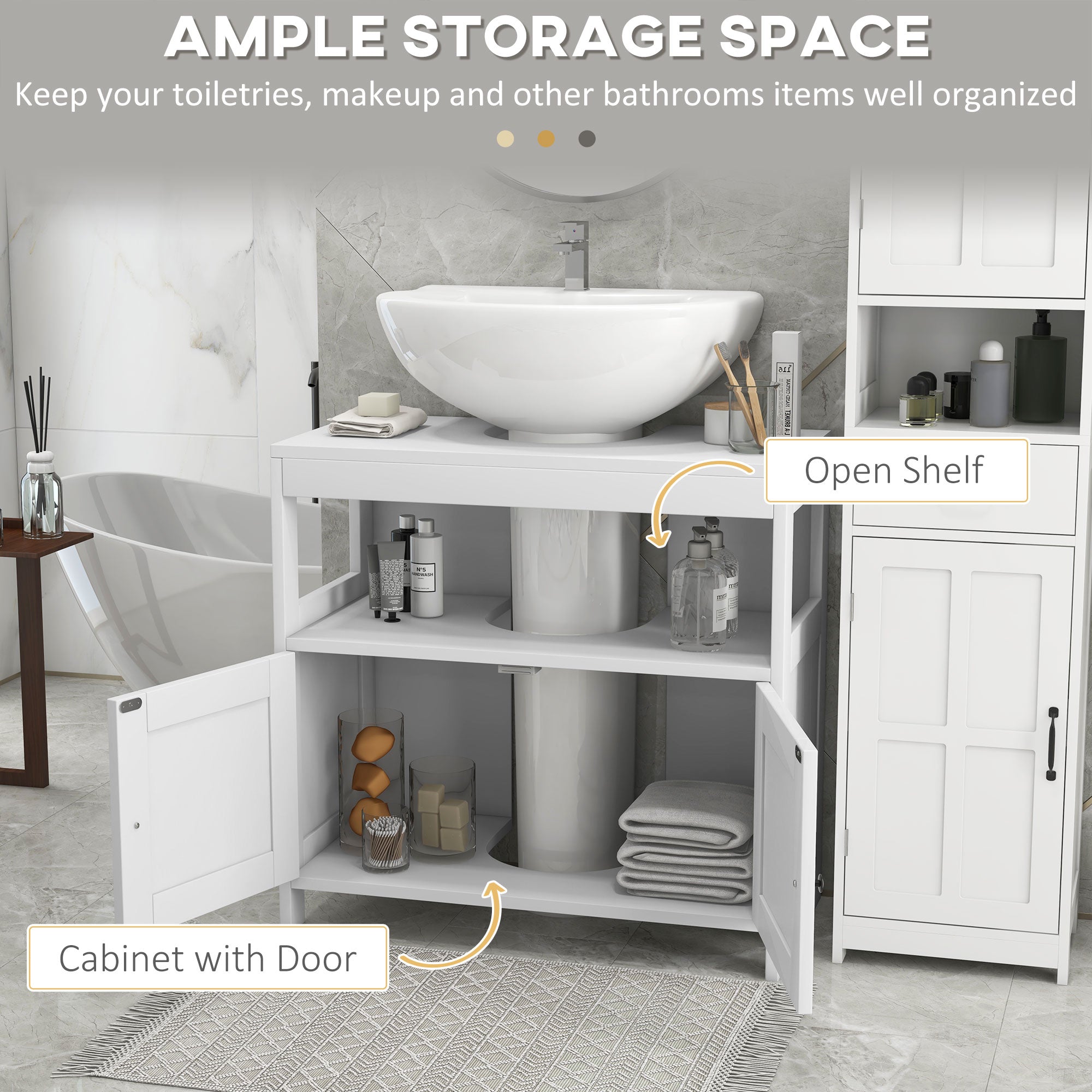 kleankin Pedestal Under Sink Cabinet with Double Doors, Modern Bathroom Vanity Storage Unit with Shelves, White