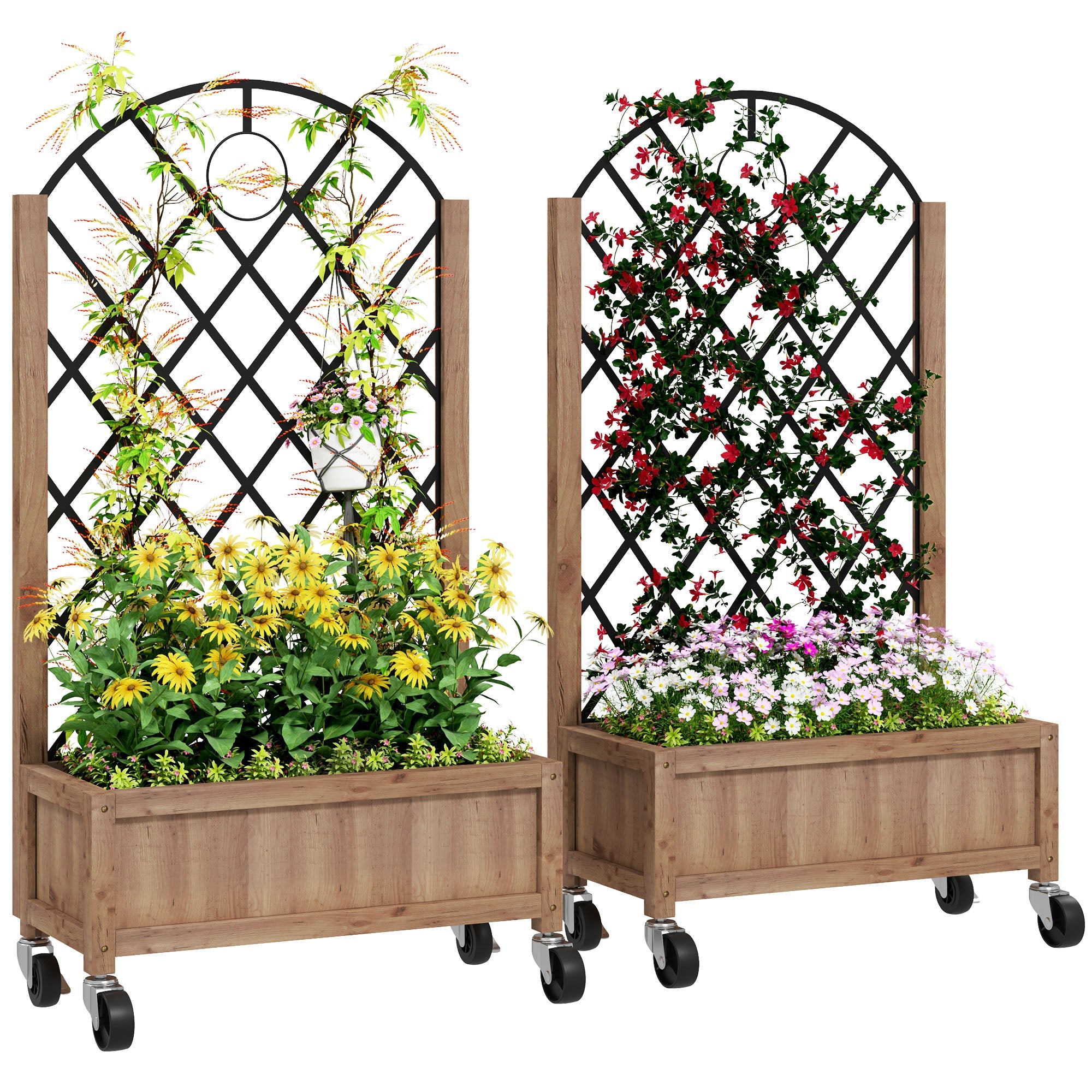 Outsunny Wooden Planter, with Metal Trellis - Brown/Black