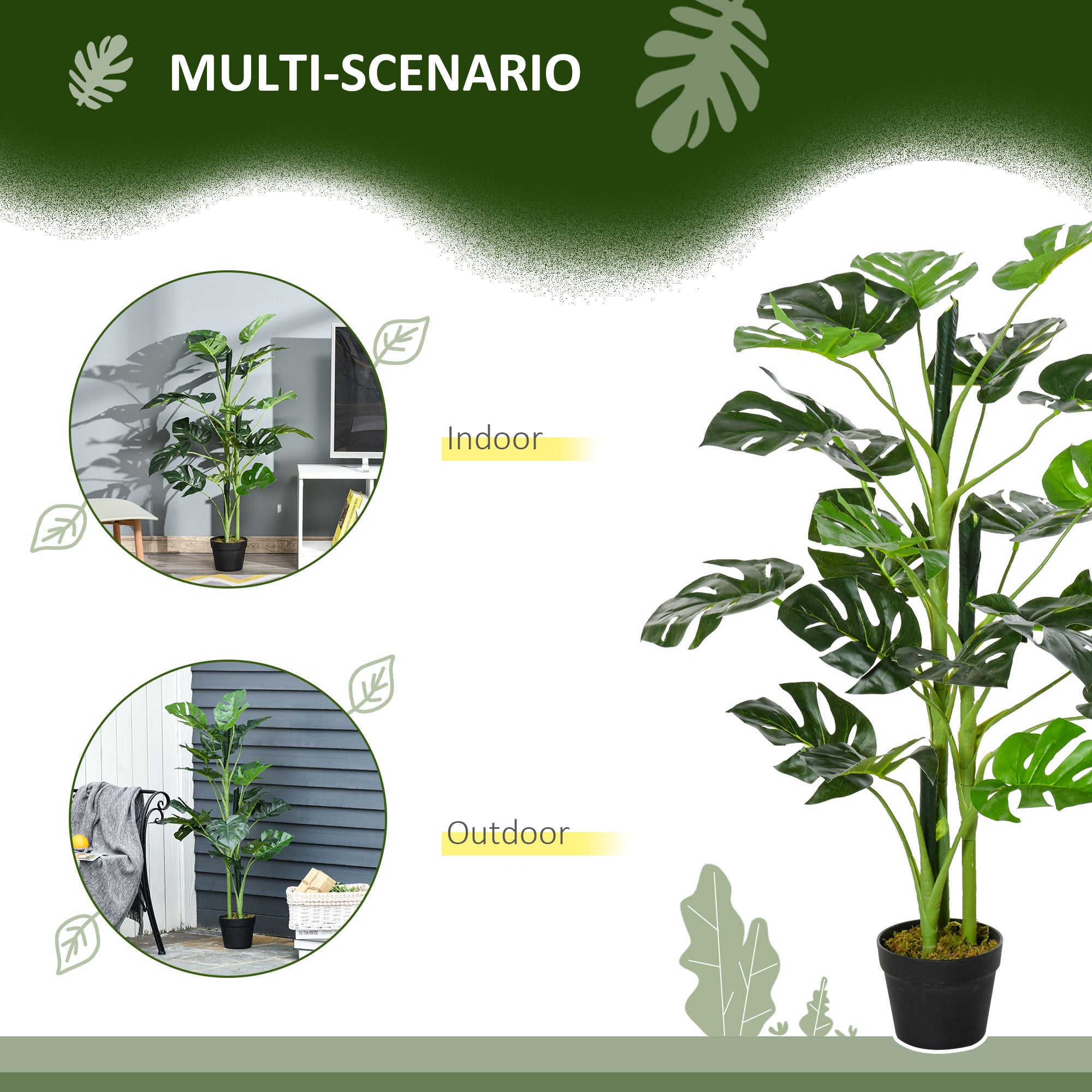 Outsunny 100cm/3.3FT Artificial Monstera Tree Decorative Cheese Plant 21 Leaves with Nursery Pot, Fake Tropical Palm Tree for Indoor Outdoor D\'c3\'a9cor, Set of 2