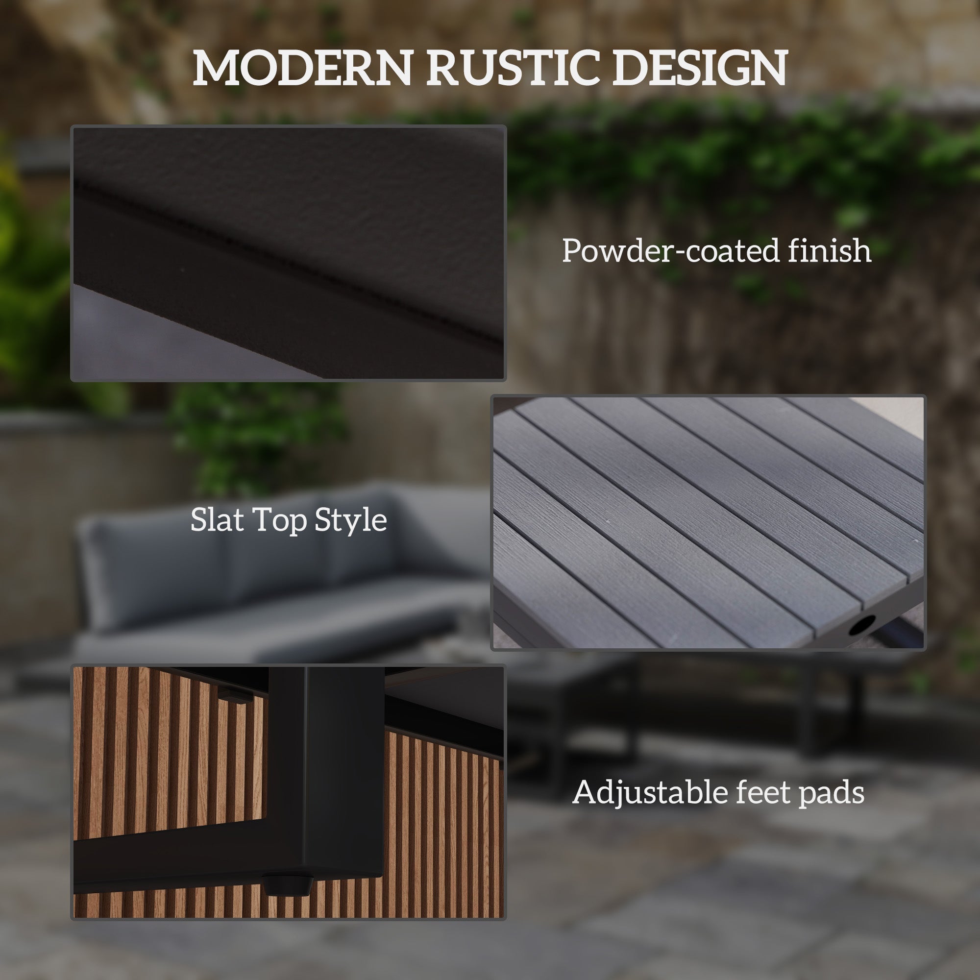 Outsunny 4 Pieces Patio Garden Set with 5-Level Recline Corner Sofa, Outdoor Garden Lounge Sectional Conversation Sofa Set with Cushions, Wood Grain Plastic Table, Black Frame Light Grey Cushion