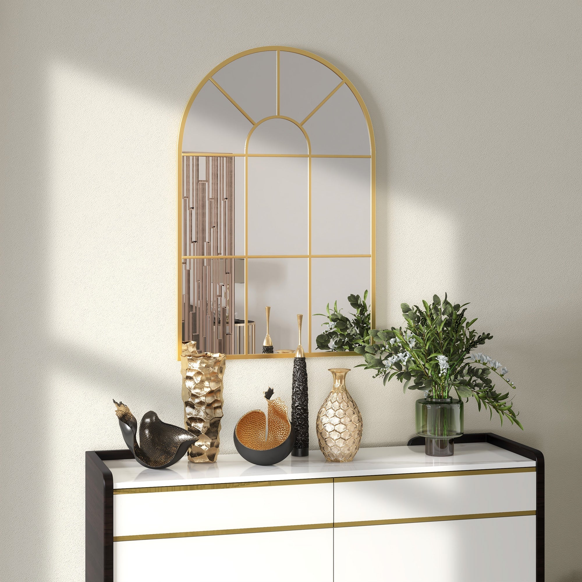 HOMCOM Modern Arched Wall Mirror, 91 x 60 cm Window Mirrors for Living Room, Bedroom, Gold Tone