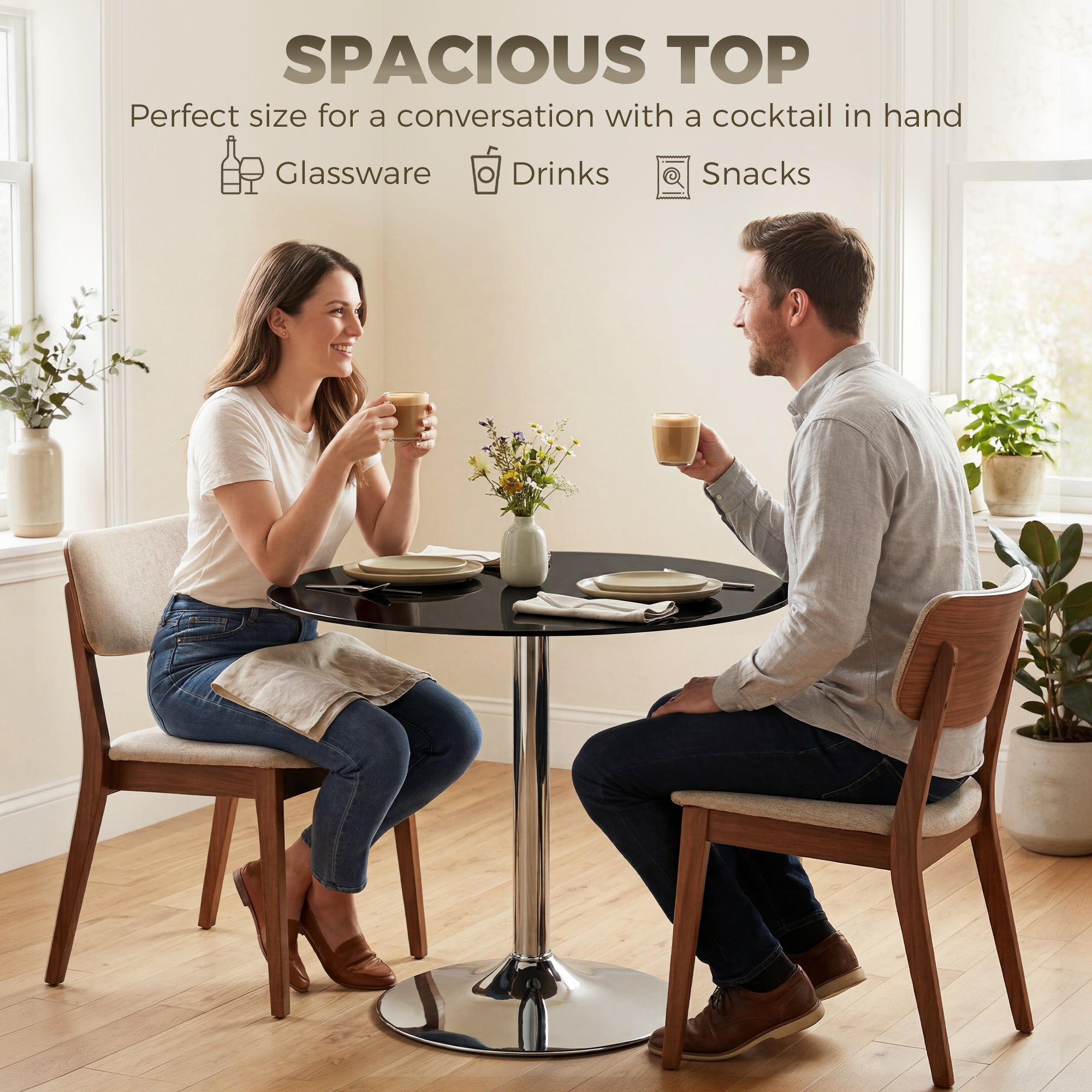 HOMCOM Round Bar Table, Modern Dining Table with Tempered Glass Top and Steel Frame for 4, 80 x 80 x 77cm, Black