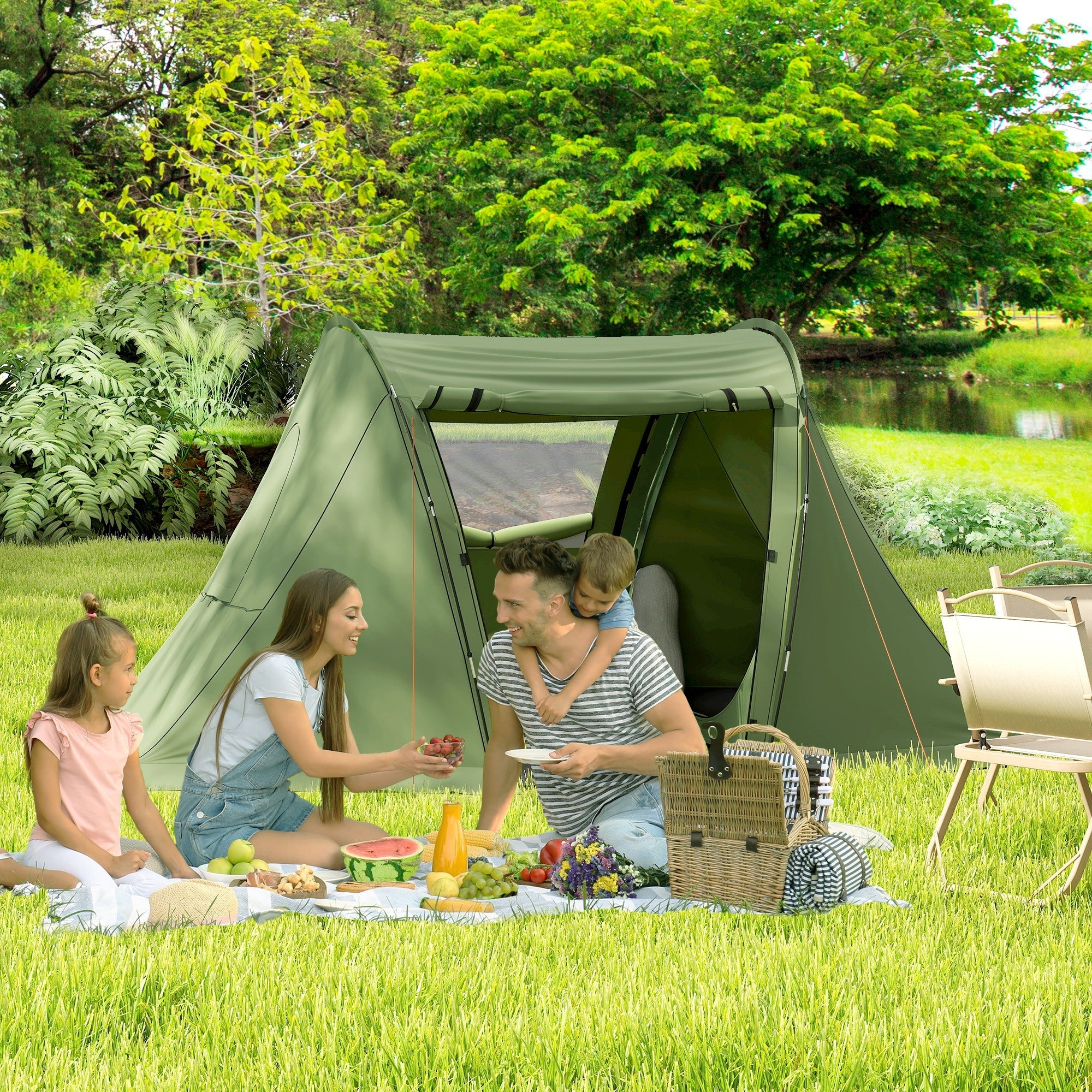 Outsunny 3 Man Camping Tent with Living Area and 2 Bedrooms, 3000mm Waterproof Family Tent with Sewn-in Groundsheet, Portable with Bag for Hiking, Festival, Backpacking, Green