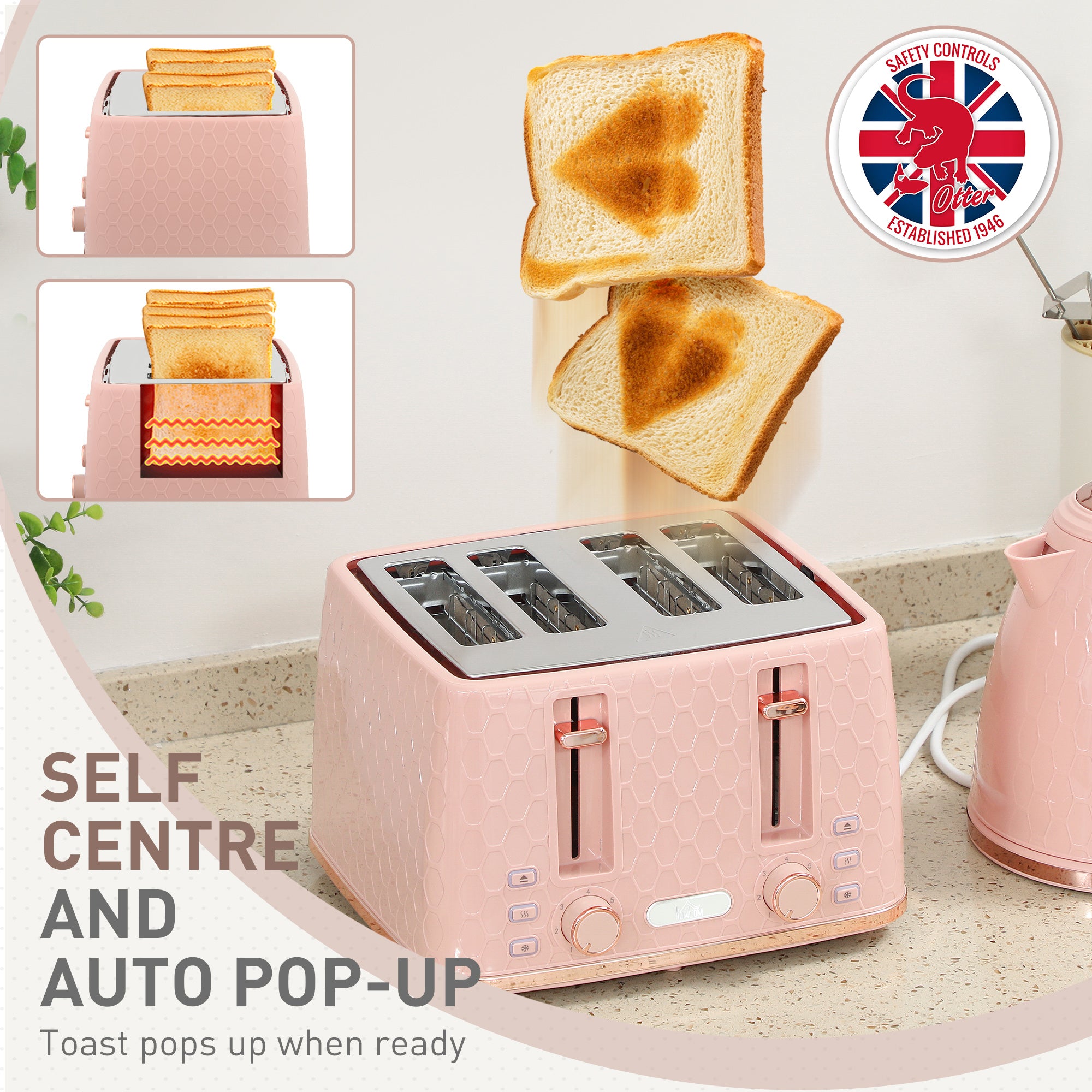 HOMCOM Kettle and Toaster Set, 1.7L 3000W Fast Boil Jug Kettle, 4 Slice Toaster with 7 Level Browning Controls, Light Pink