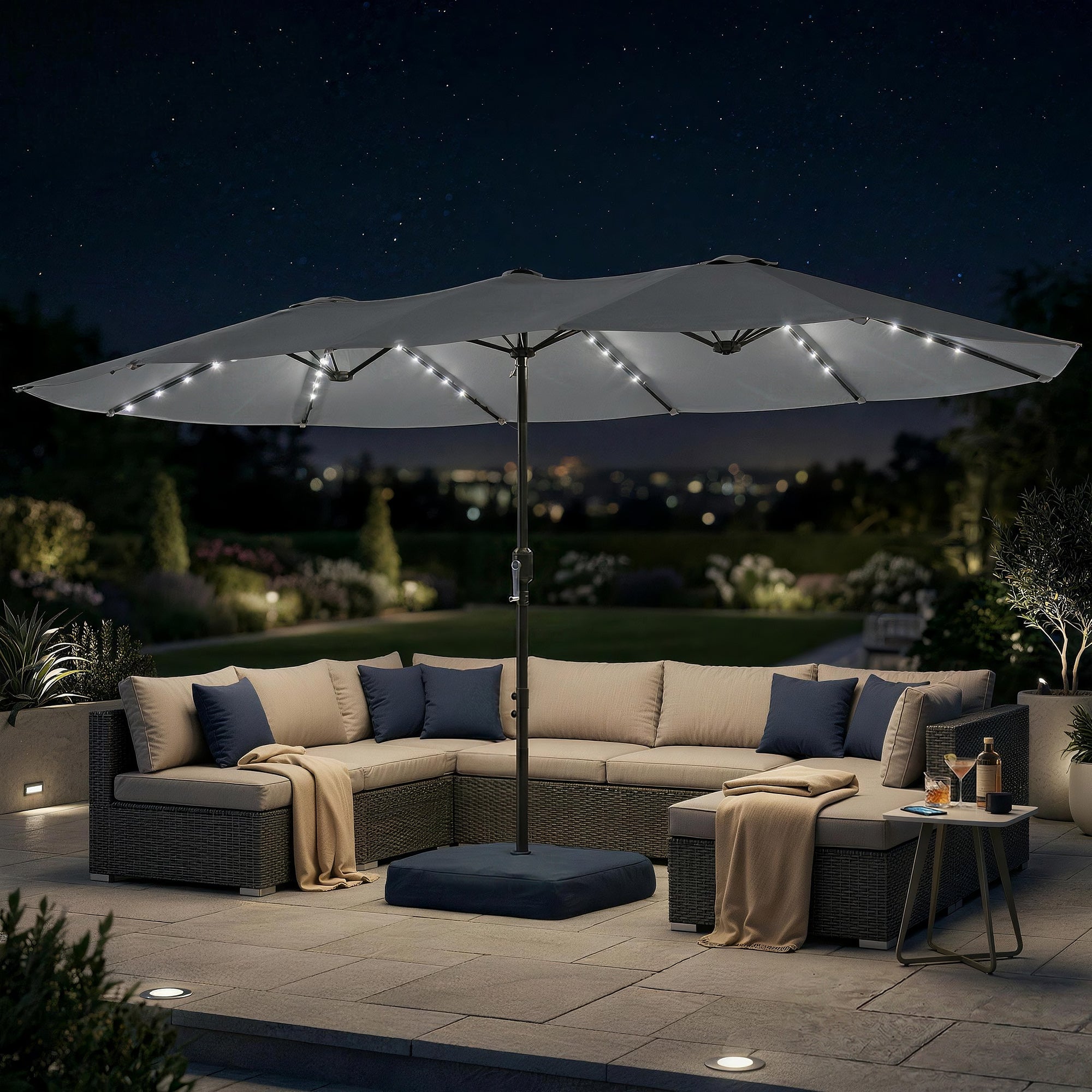 Outsunny Patio Umbrella Double-Sided Outdoor Umbrella with Solar Lights Base, Grey