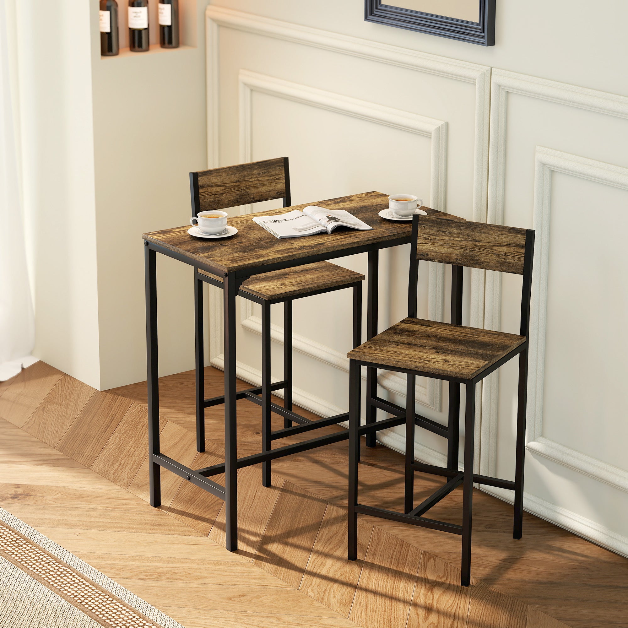 HOMCOM 3-Piece Bar Table Set with 2 Stools, Industrial Breakfast Bar Set with Footrest, Backrest for Dining Room, Small Space