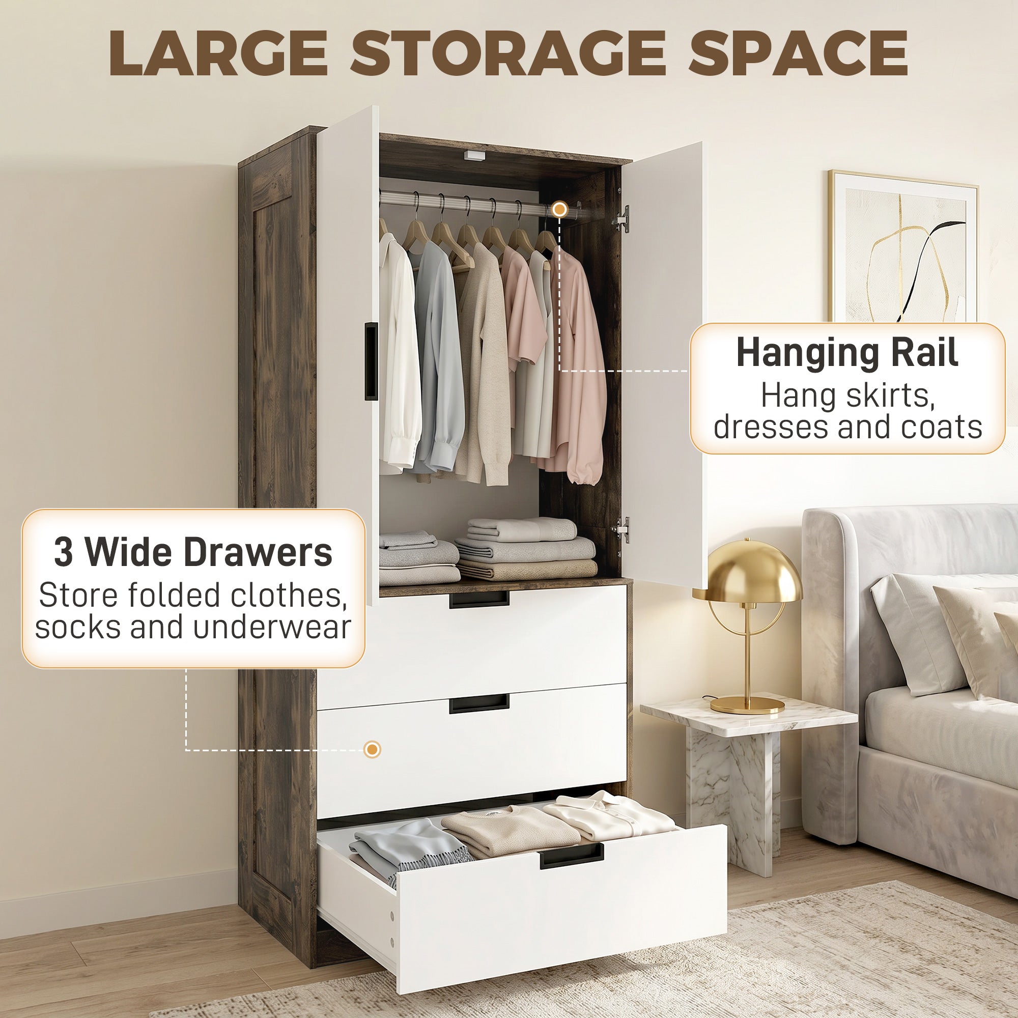 HOMCOM Modern Clothes Storage Cupboard Unit, 3 Drawer 2 Door Wardrobe with Hanging Rod, Rustic Brown