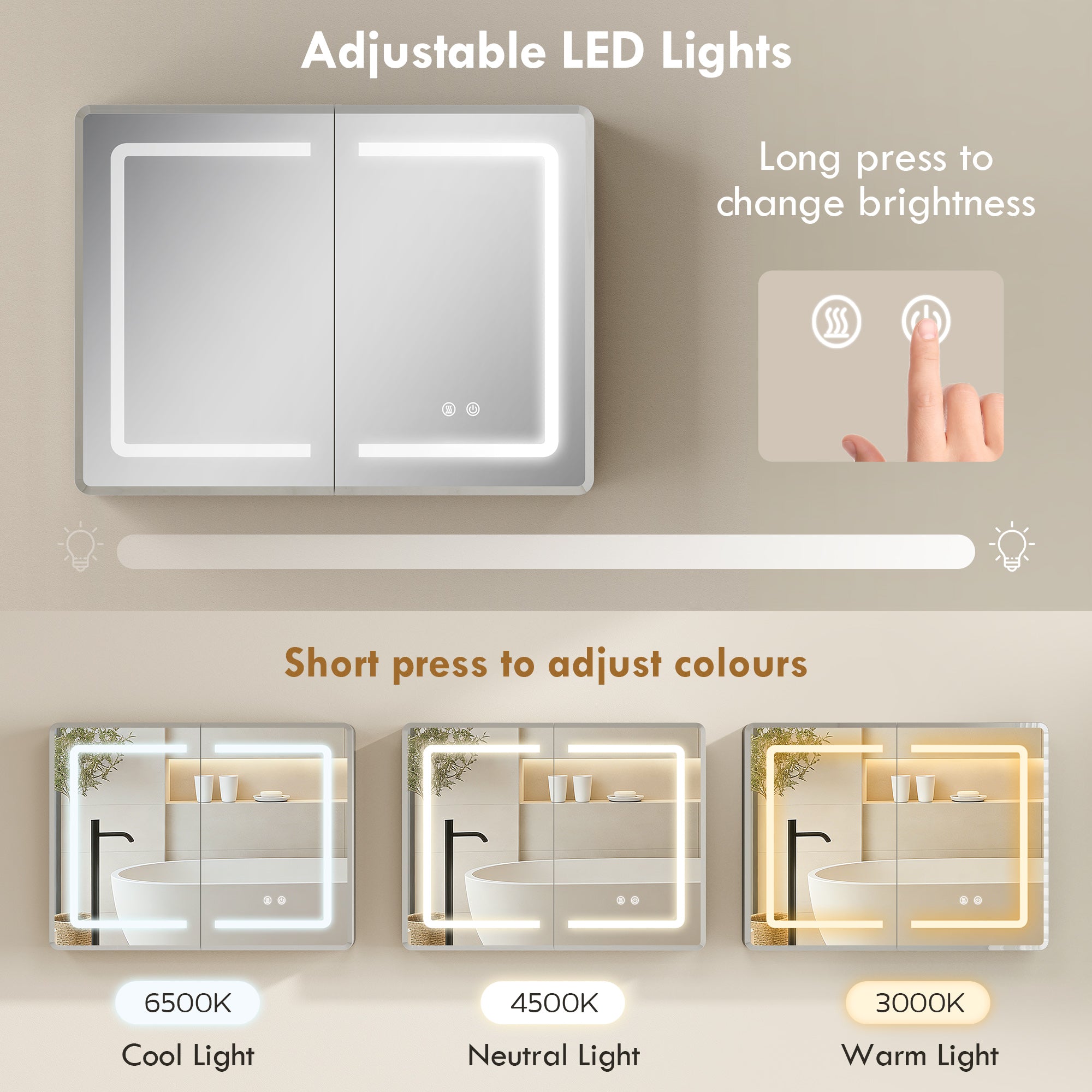 HOMCOM Mirrored Bathroom Cabinet with LED Lights, 60 x 80 cm Bathroom Mirror Cabinet with Anti-Fog, 3 Colour Dimmable Lighting