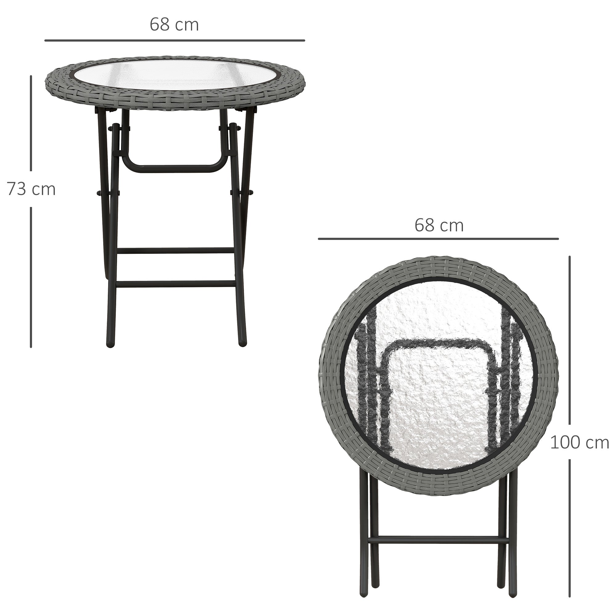 Outsunny Folding Round Tempered Glass Garden Table with Grey Rattan Edging