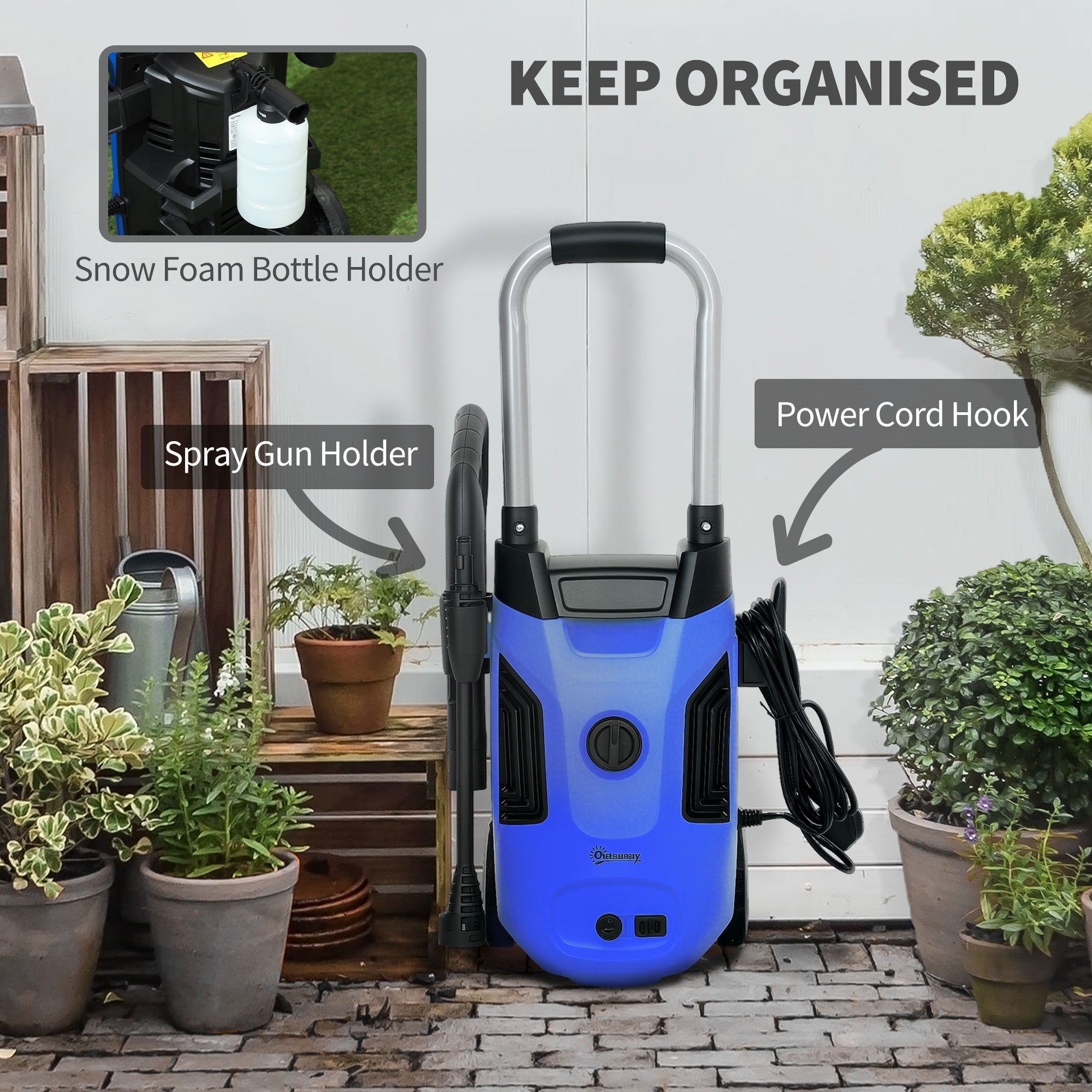 Outsunny 1800W High Pressure Washer, 150 Bar Pressure, 420 L/h Flow, Portable Electric Power Washer Jet Wash Cleaner with Adjustable Nozzle, 6M Hose, Steel Handle for Home Patio Car Driveway, Blue