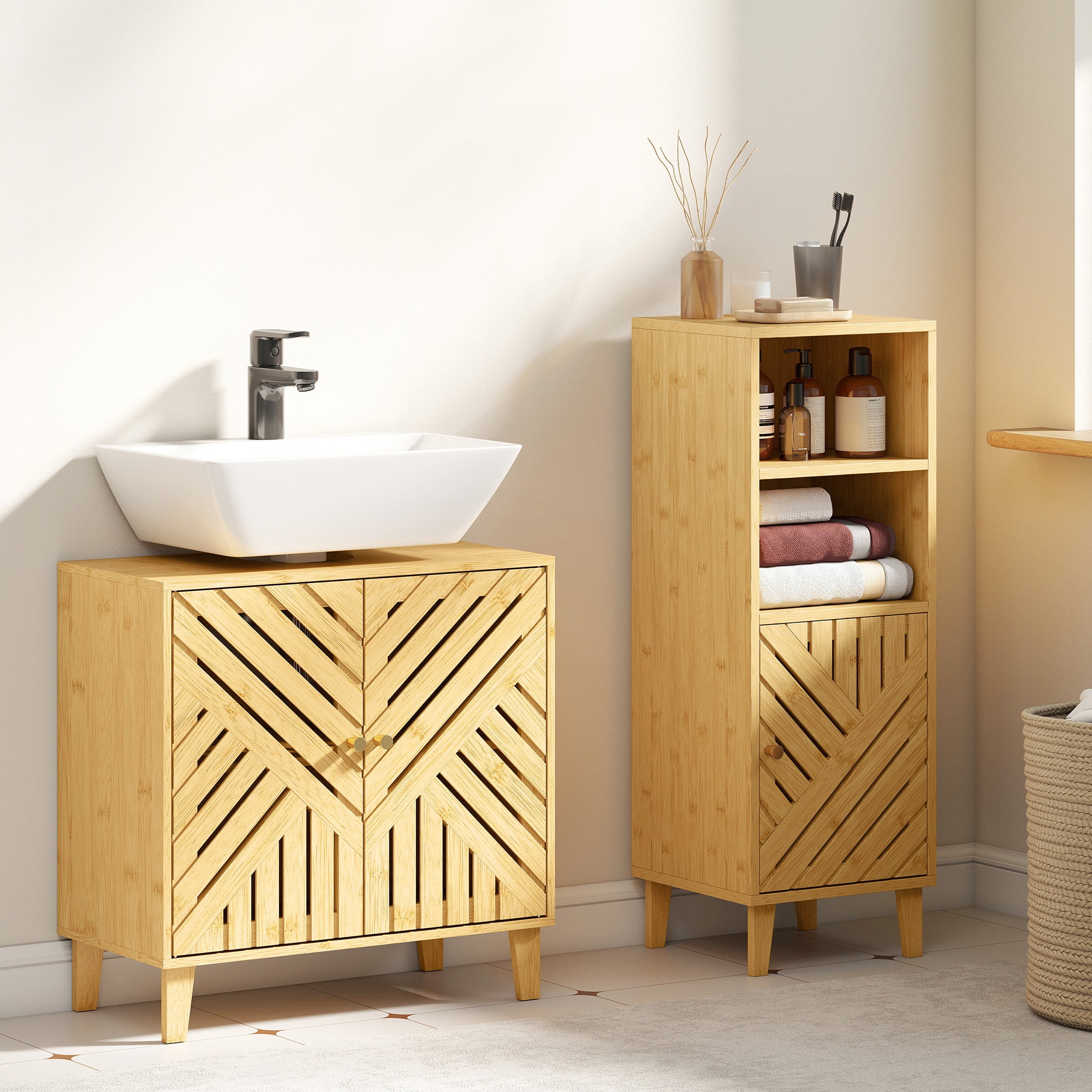 HOMCOM Bamboo Bathroom Under Sink Cabinet with Adjustable Shelf for Basin without Pedestal - Natural