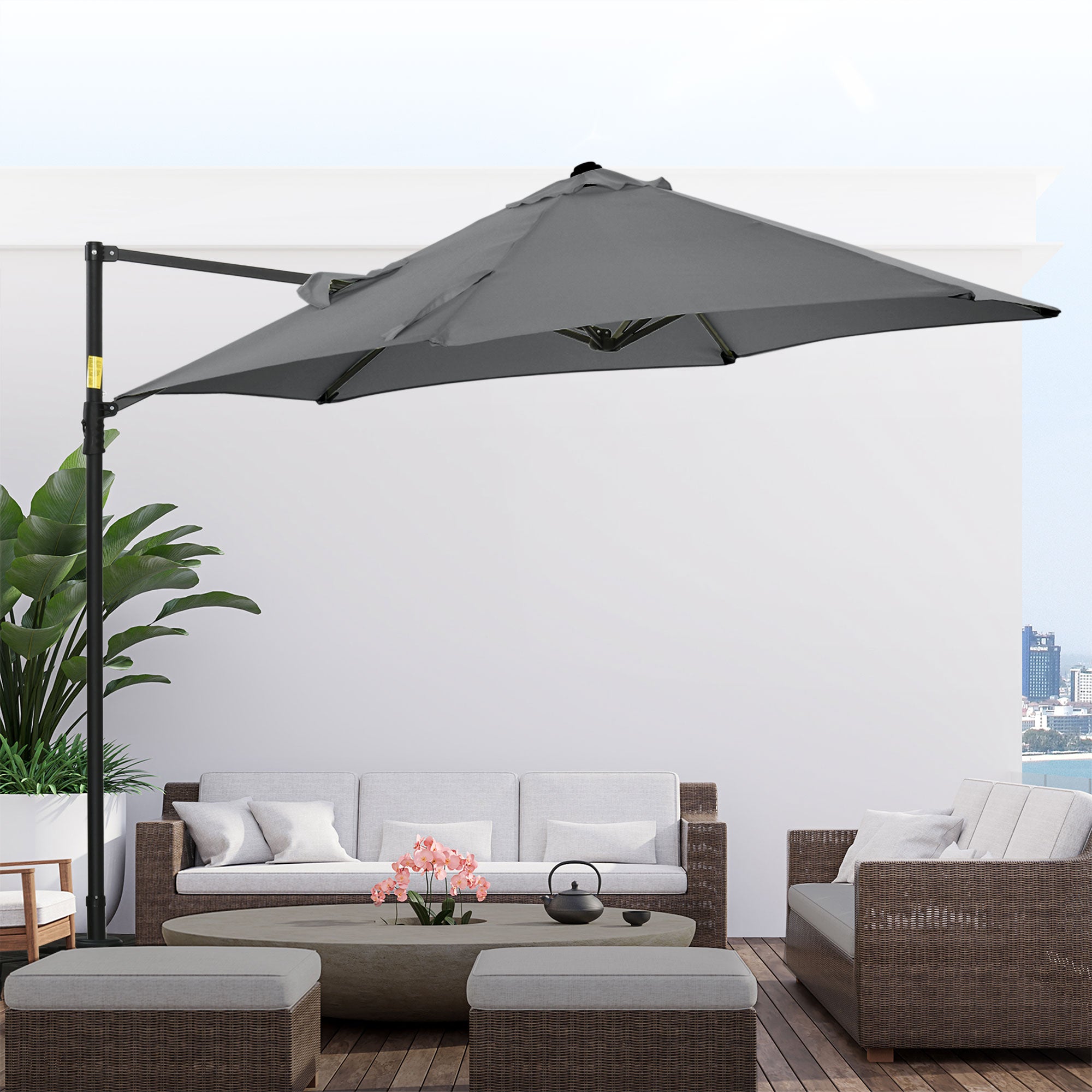 Outsunny 2.5M Garden Cantilever Parasol, Offset Roma Patio Umbrella Hanging Sun Shade Canopy Shelter with 360\'c2\'b0 Rotation and Cross Base, Dark Grey