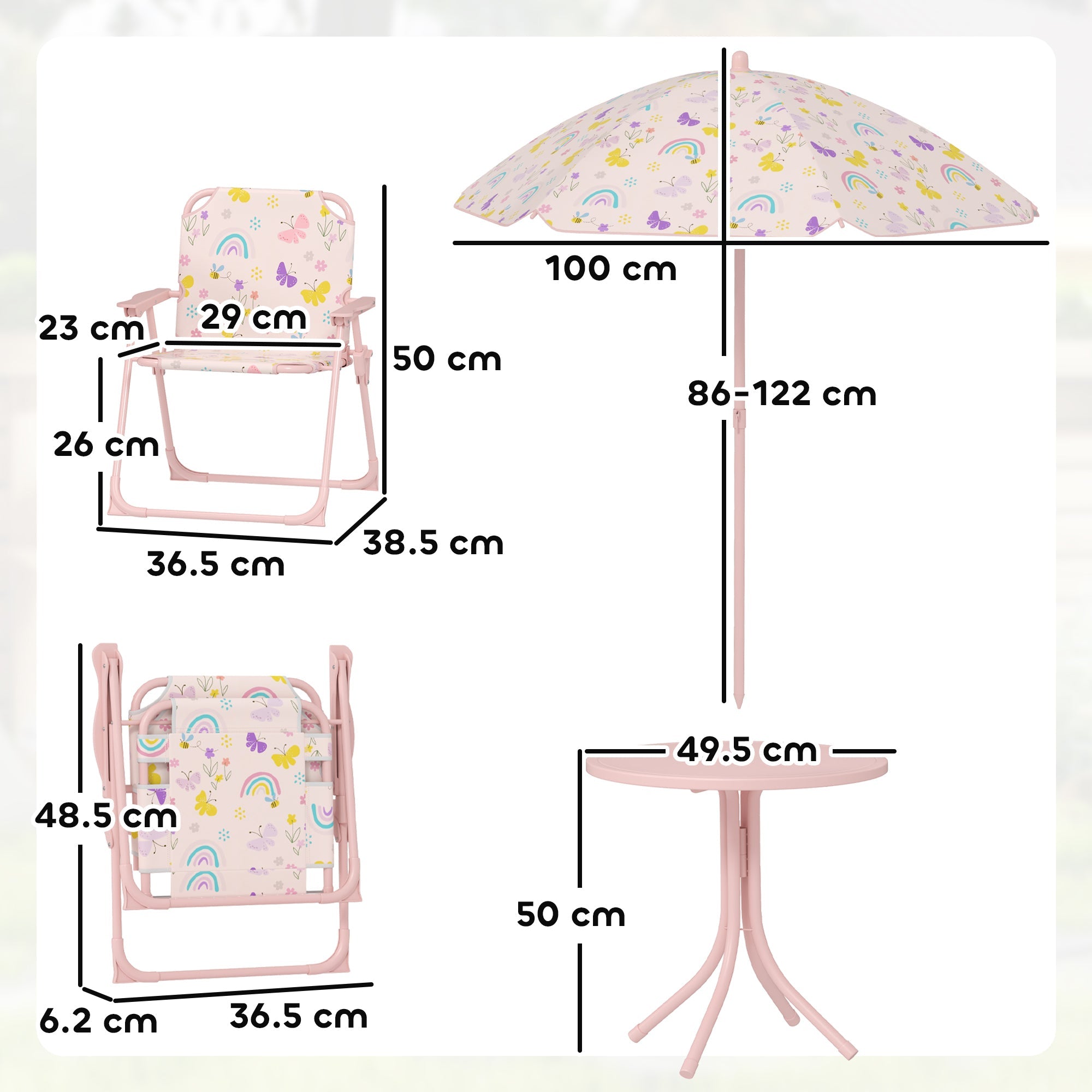 AIYAPLAY 4 Pieces Kids Garden Table and Chair Set with Adjustable Parasol, Folding Chairs, Table, Rainbow Pattern, Pink