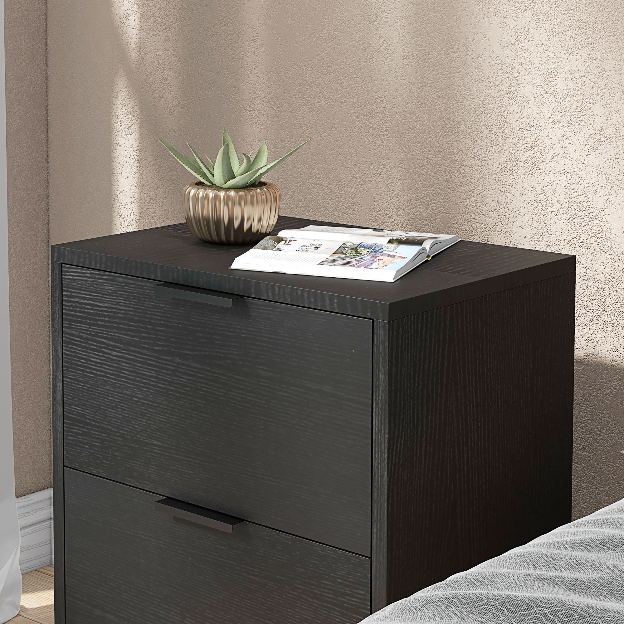 HOMCOM Set of Two Wood Effect Bedside Tables with Silver Steel Base, Black