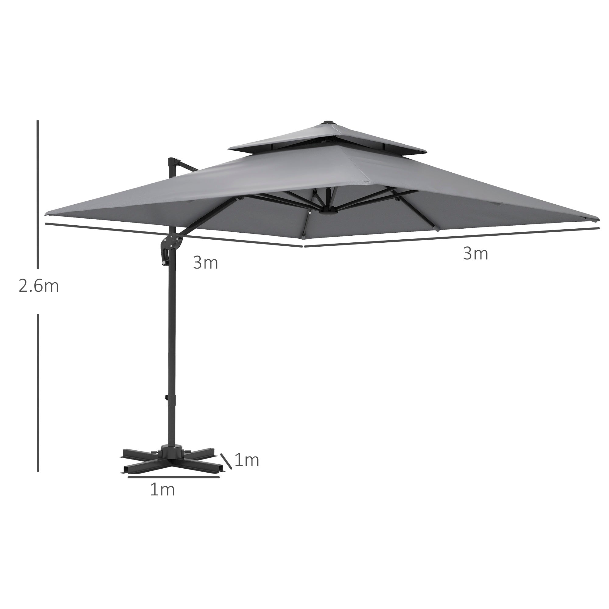 Outsunny 3 x 3(m) Cantilever Parasol with Aluminium Frame, Crank and Tilt, 360\'c2\'b0 Rotation, Double Top Garden Umbrella with Base and Cover, Light Grey