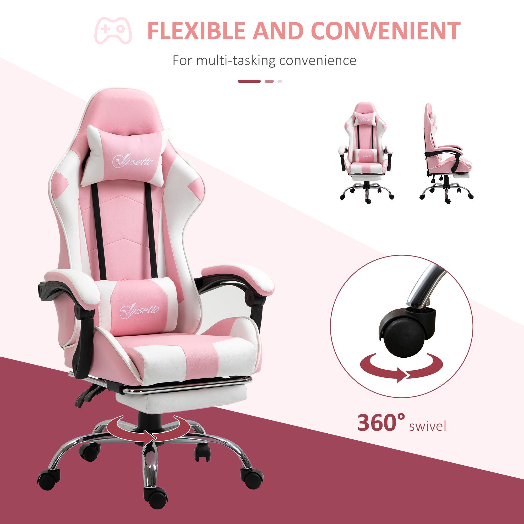 Vinsetto Pink Computer Gaming Chair, Desk Chair with 135\'c2\'b0 Reclining Back and Retractable Footrest, Adjustable PU Leather Lumbar Support and Headrest, Steel Base for Adults, Girls