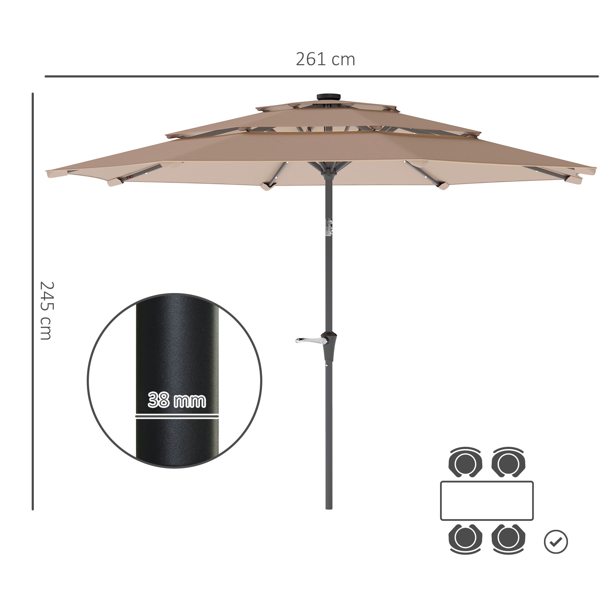 Outsunny 3-Tier Garden Parasol with Solar LED Lights, UPF 30+, Tilt Mechanism & Crank Handle, for Market Terrace, Khaki