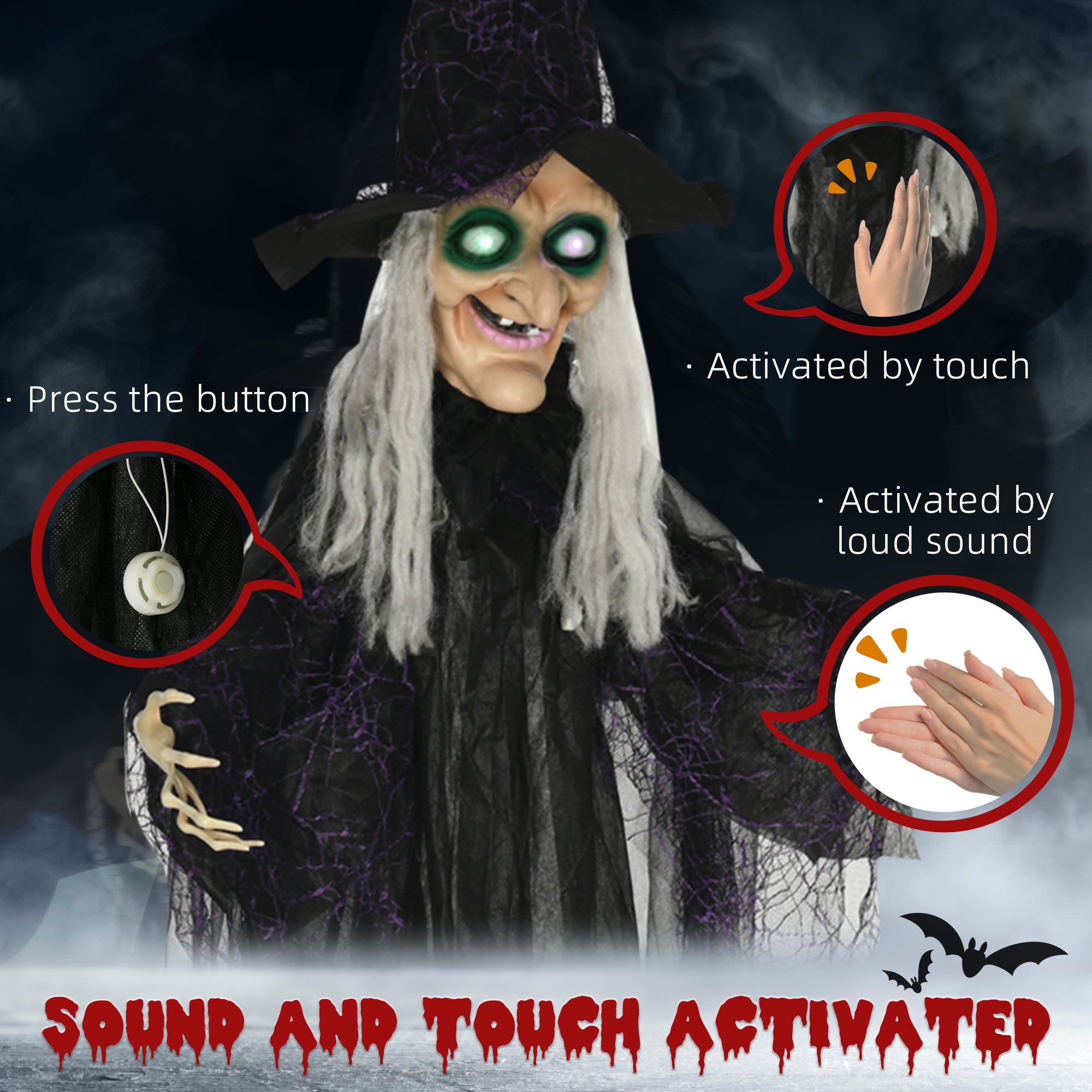 HOMCOM 6ft Outdoor Halloween Decoration Witch, Hanging Witch Prop Life Size with Sound and Motion Activated, Light Up Eyes, Talking Sound, Posable Arms