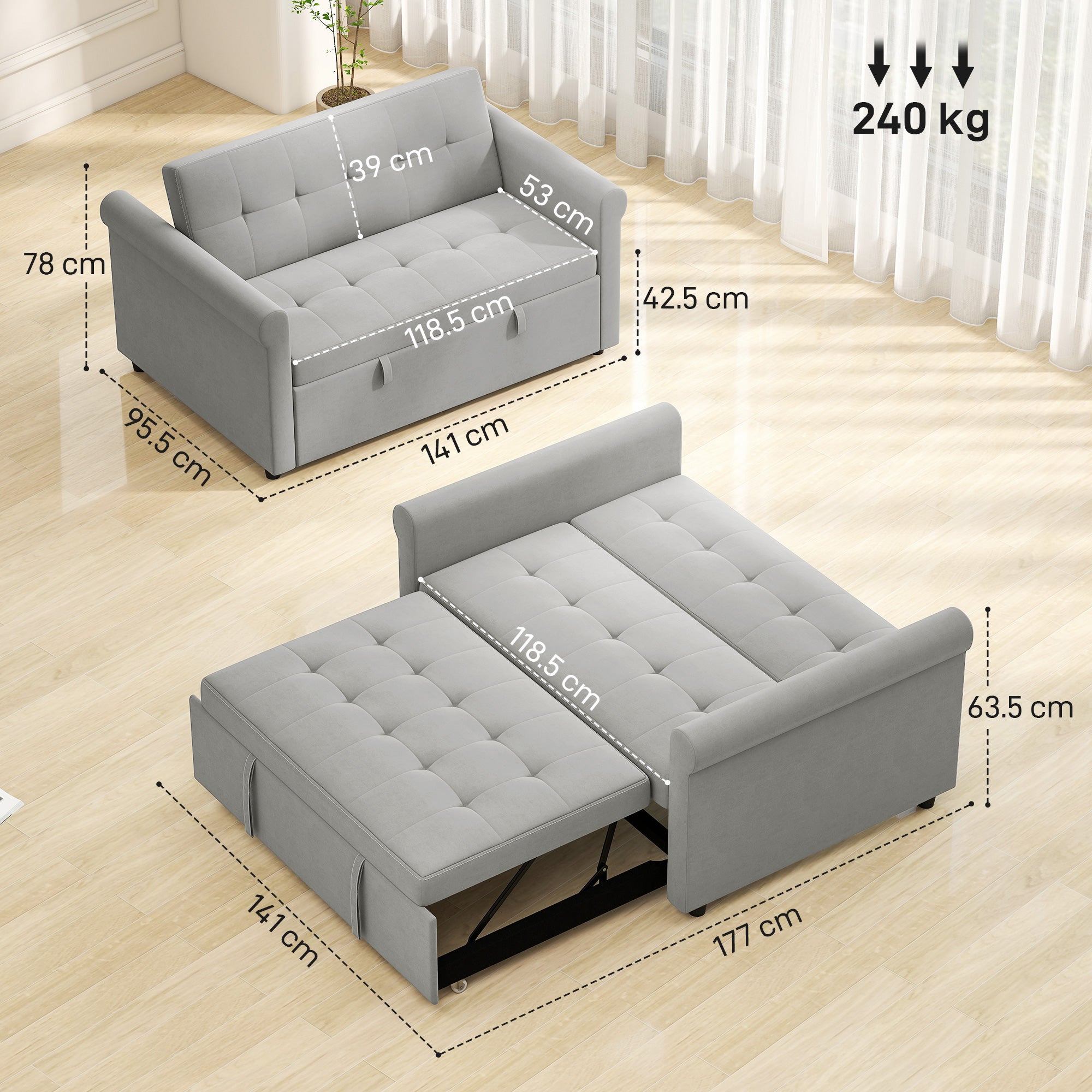 HOMCOM Two-Seater Velvet-Feel Sofa Bed - Grey