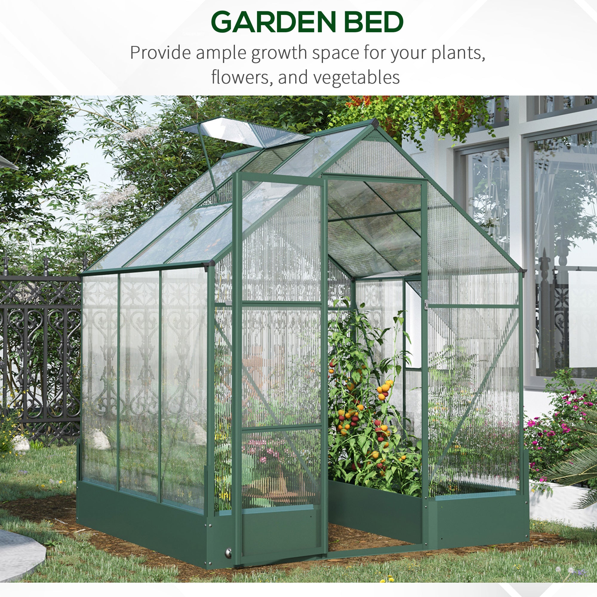 Outsunny 6x6 FT Polycarbonate Greenhouse with Base and Raised Bed, Walk-in Greenhouse with Aluminium Frame, Temperature Controlled Window, Foundation for Plants, Flowers, Vegetable