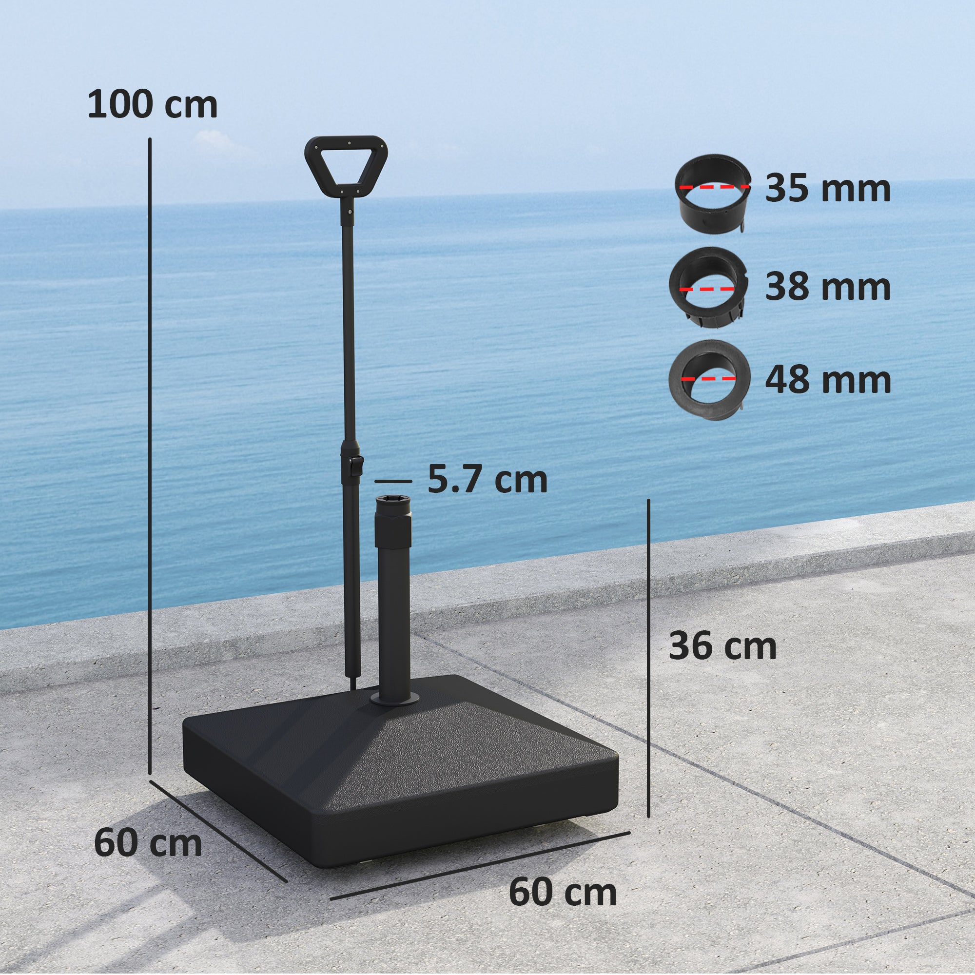 Outsunny Garden Parasol Base with Adjustable Wheels and Handle, Garden Sun Umbrella Base Parasol Stand, Filled Up to 55kg with Stand, 45kg with Water for Garden Poolside, Black