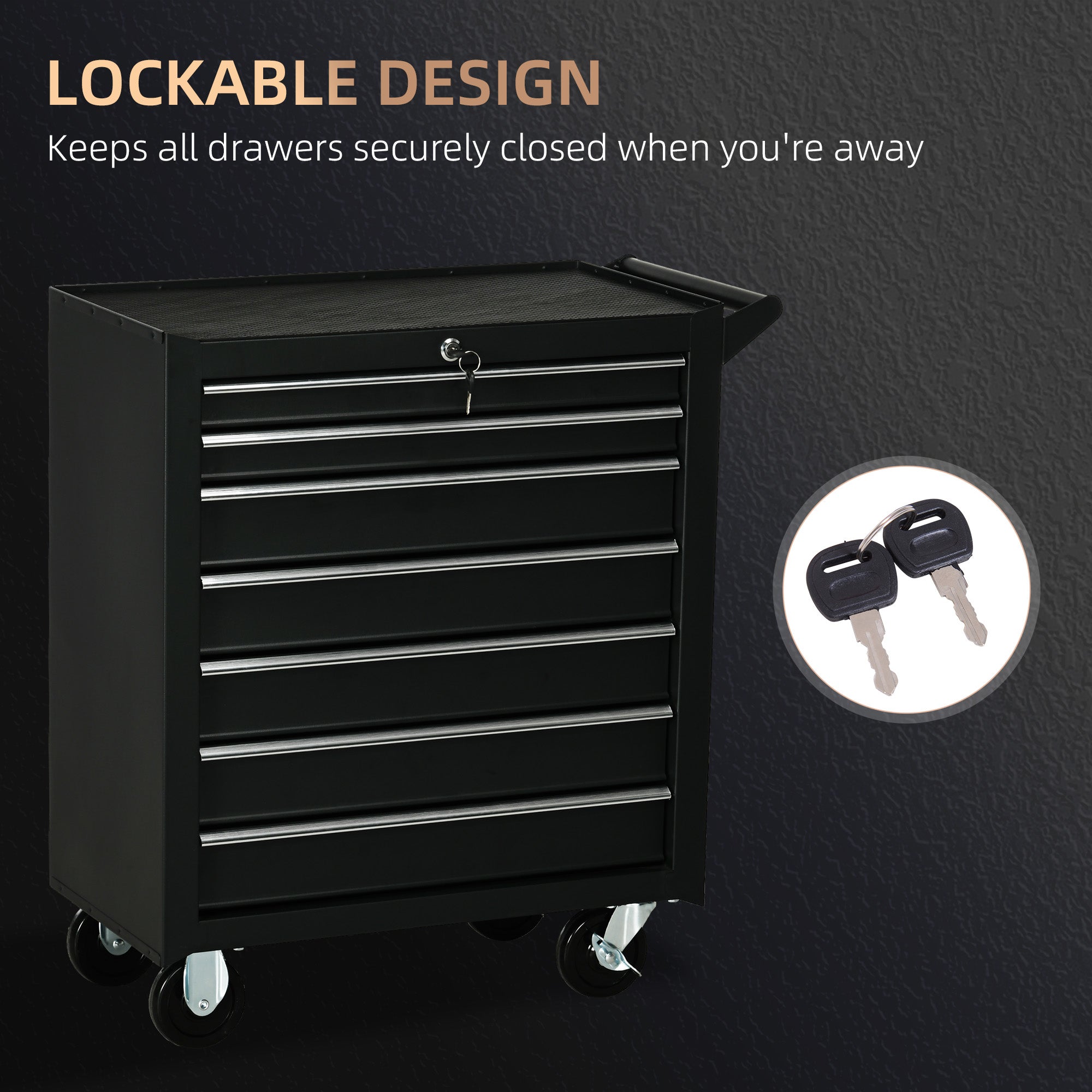 DURHAND 7-Drawer Rolling Tool Chest on Wheels, Lockable Tool Cabinet with Side Handle, Metal Tool Box Trolley for Garage, Workshop, Matte Black