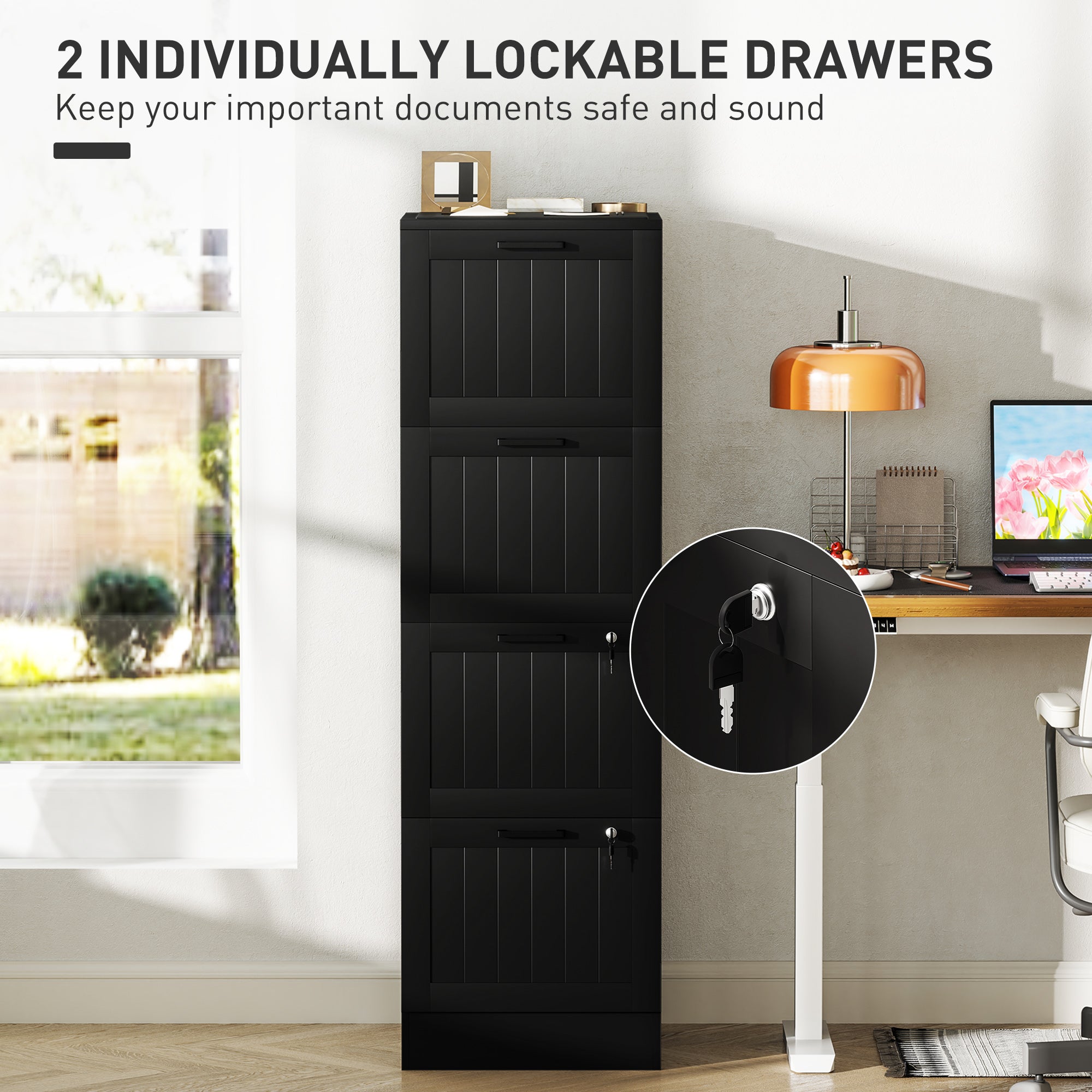 HOMCOM 4 Drawer Filing Cabinet with Lock, Office Storage Cabinet with Adjustable Hanging Bars for A4 Letter Size Files, Black