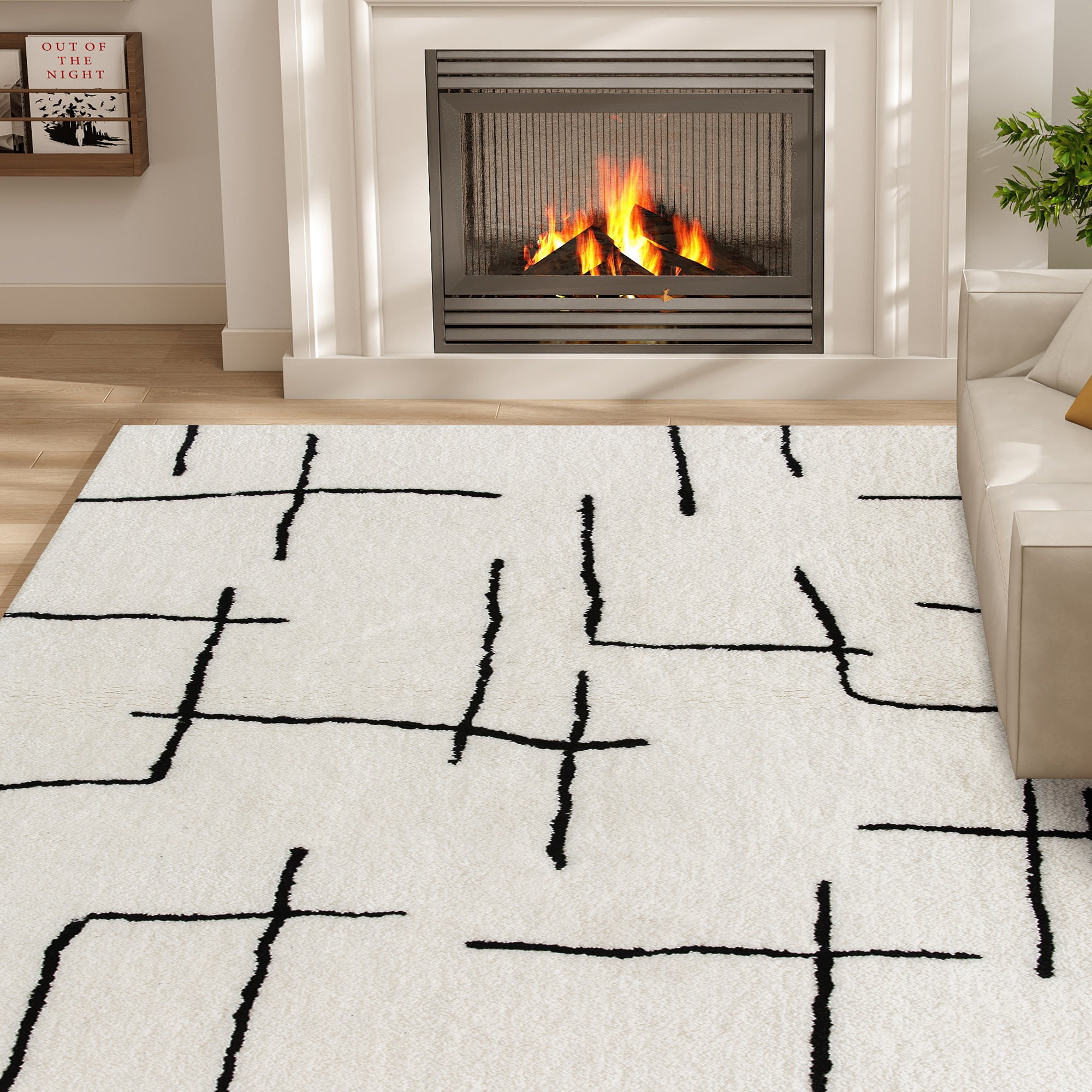 HOMCOM Modern Fluffy Area Rug, Geometric Pattern Washable Rug, Soft High Pile Floor Carpet for Living Room, Bedroom, Dining Room, Home Office, 170 x 120 cm, Cream