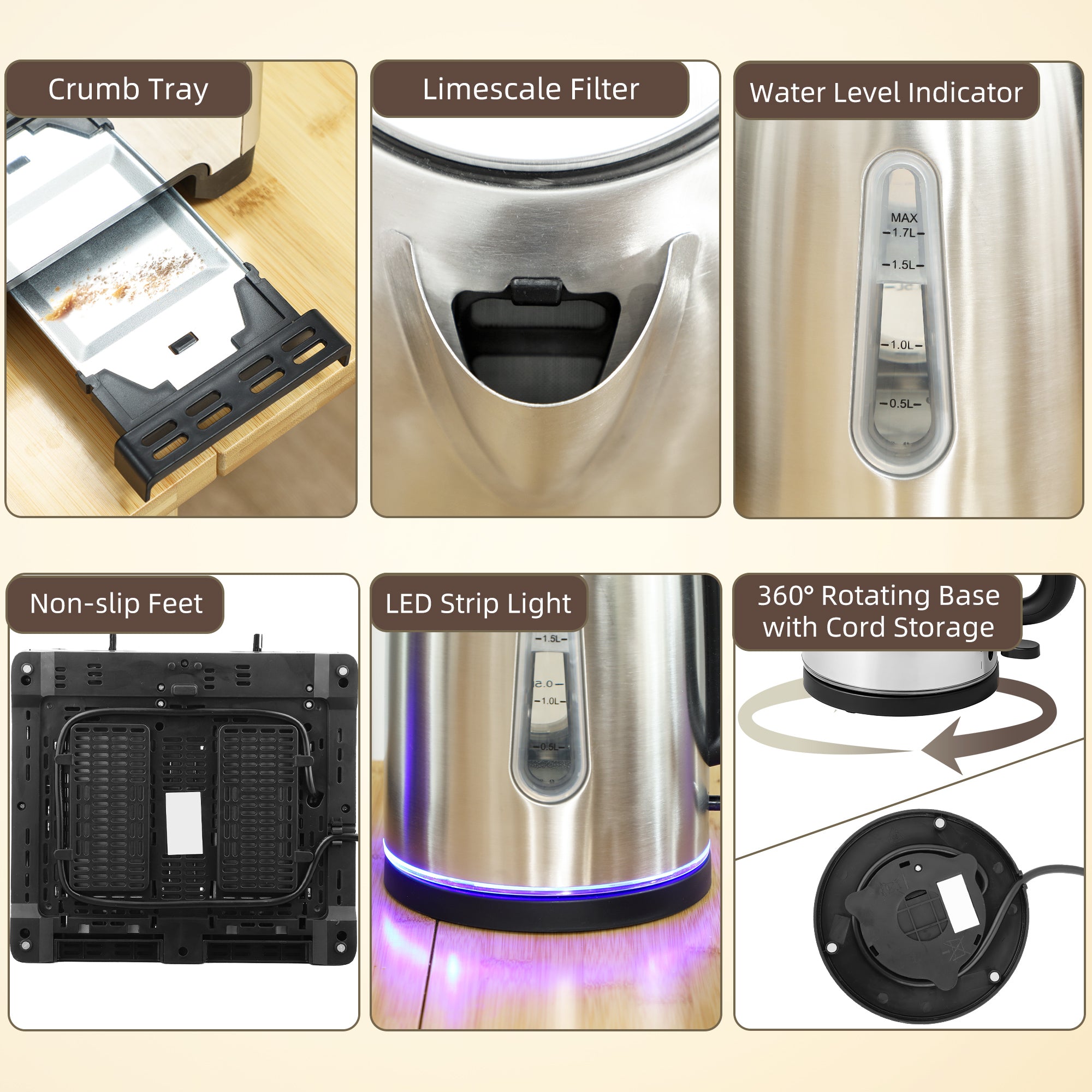 HOMCOM Kettle and Toaster Set, 1.7L 3000W Rapid Boil Jug Kettle with Otter Thermostat, Limescale Filter, 4 Slice Toaster with 7 Browning Controls, Crumb Tray, LED Strip, Silver Tone